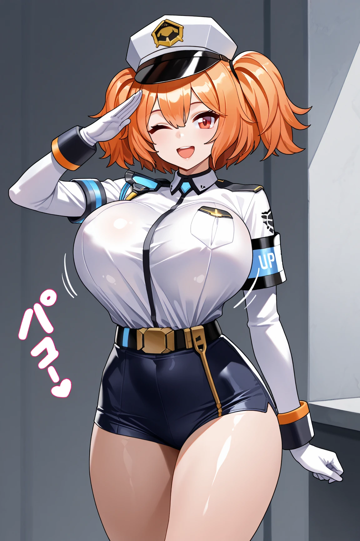 One girl, solo, Huge breasts, narrow waist, Red eyes,Cerberus_(base), Official Alternative Costumes, shiny skin, oily skin, gloves, (simple Background:1.6), white gloves,Both sides up, Short shorts, police, police uniform, Black shorts, policewoman, Garrison Cap, ((Thick thighs, Voluptuous thighs)), bare breasts, ((nsfw)),