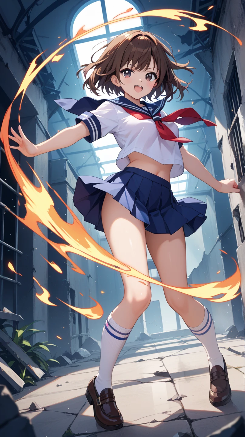 (tmasterpiece、top-quality、in 8K、32K、​masterpiece、nffsw、超A high resolution、Impresionismo、Photorealsitic:1.2)、cowboy  shot、foco nítido、detailed faces and eyes、beauitful face、blurry backround、blue open sky、shinny skin、Sharp pupils、Realistic pupils、beauitful face、blurry backround、18 year old beautiful girl、shinny skin、short-hair、poneyTail、Black and beautiful hair、Red Eyes、(a sailor suit、Dark blue pleated skirt、Standing with :1.3)、(Skirt Roll Up、White panties are visible:1.2)、thighs thighs thighs thighs、Curve、Dynamic Poses、Powerful composition、(kamen rider action pose, kamen rider character, Kamen Rider Ghost, Kamen Rider, fourze, battle action pose, high fantasy kamen rider, posing as a jojo character, tokusatsu, hero action pose, :1.2)、Troubled face、I'm in a hurry、Teary-eyed、Sweating、Zombies on girl background