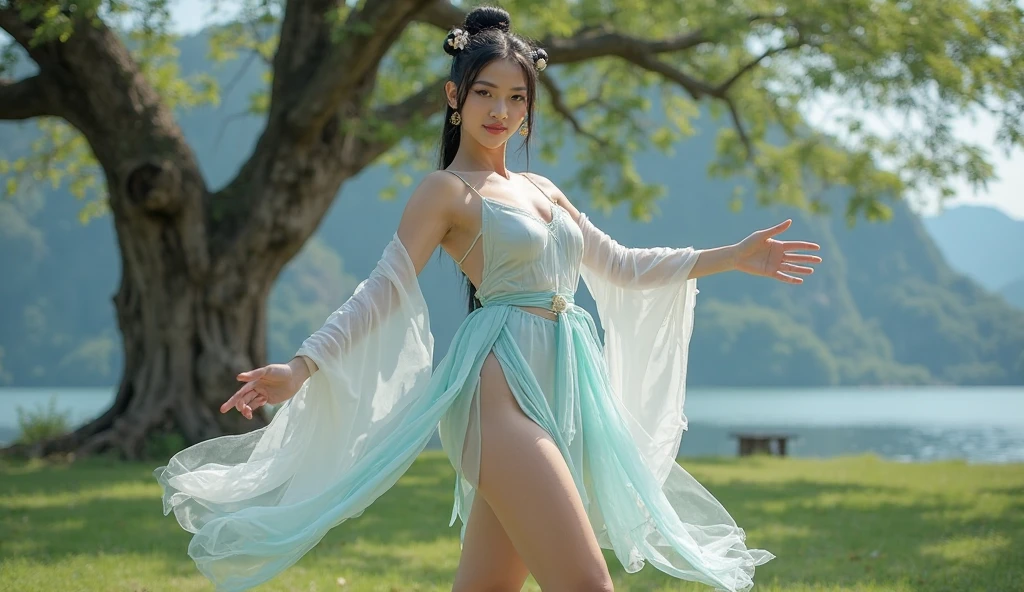 1girl, solo, brunette hair, (blood volume: 1), , full body, (realism: 1.4), official art, unreal 8k wallpaper, super detailed, beautiful aesthetics, masterpiece, best quality, (dynamic angle: 1.4), elegant, bright colors, romantic, sexy, transparent, see-through, Chinese Hanfu, bare breast, (transparent skirt), barefoot, (wet), (see-through), (big breasts, cleavage), (massage stick in hand), seduction, (open legs), pubic hair
