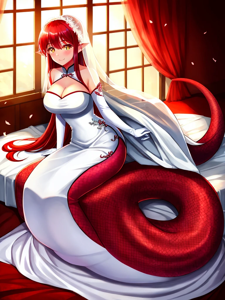 1girl, red lamia, scales, tail, full body, smile, long hair, red hair, yellow eyes, blush, happy face, bedroom, wedding dress, chinese girl, mature female, huge breasts, elbow gloves, white gloves,