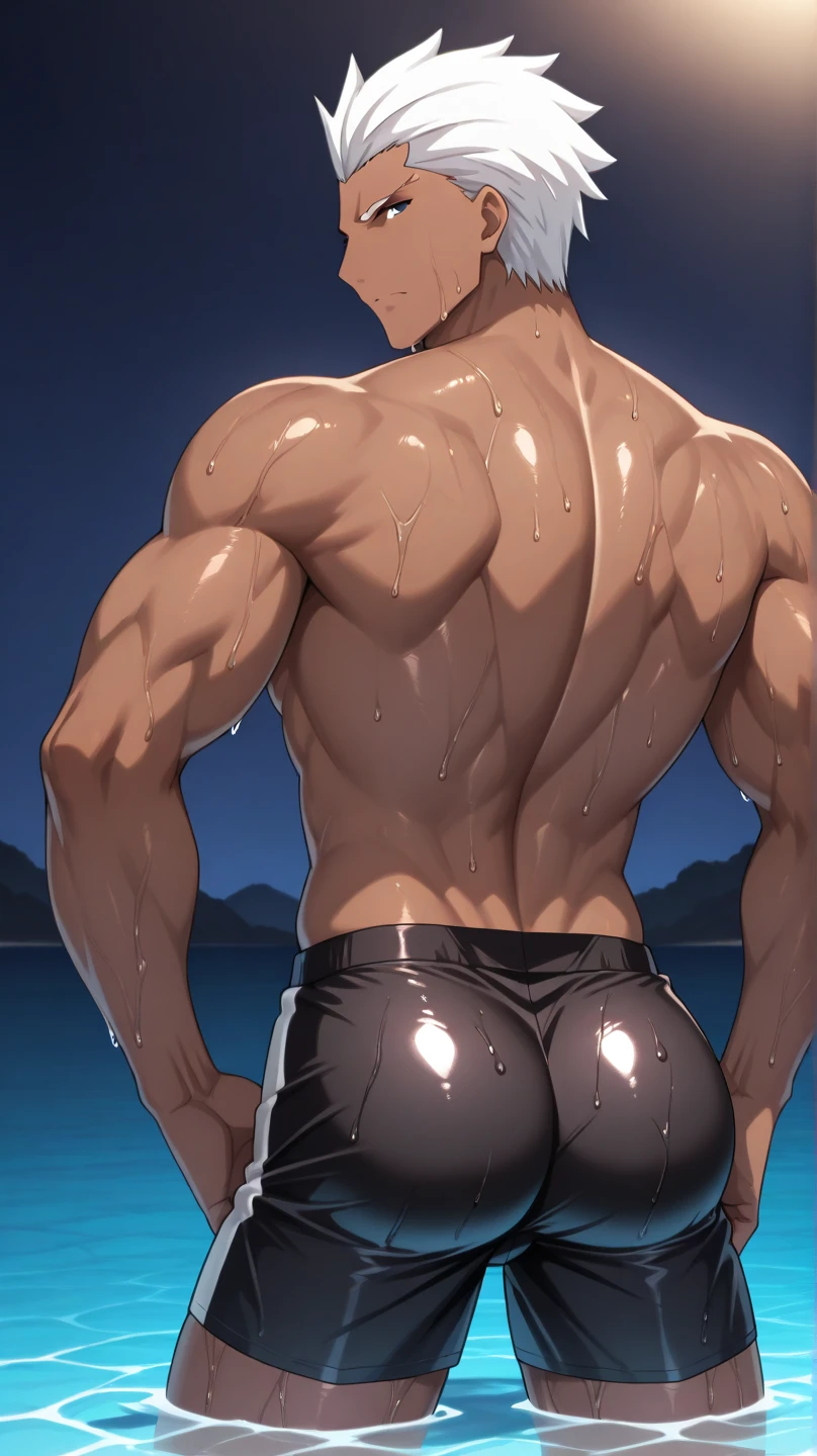 handsome young man, wavy brown hair, big round butt, wearing sheer low rise white speedos, showering in shower stall, big round butt, back view, zoomed out, fill frame, full body, perfect fingers, no watermark, no logo, no signature