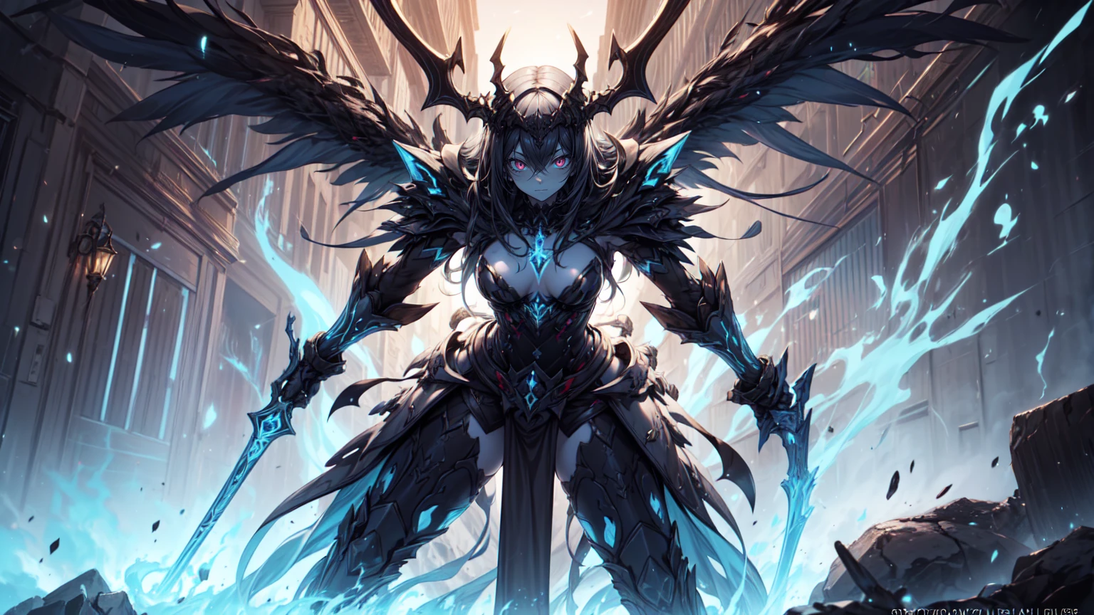 Miku Hatsune, add high definition_detail:1, blue fur,kitsune ears, tribal tattoo add_detail:1, in hell add_detail, barefoot, the same, giant black feather wings add_detail:1 ,alas hermosas la mejor calidad y detail en las flumas, blue saturation light, warrior armor