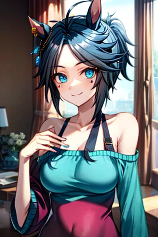 masterpiece, best quality, highly detailed, 1girl, solo, perfect anatomy, slim, red eyes, blue hair, bangs, purple hair, hair between eyes, multicolored hair, gradient hair, pink lips, thick thighs , edgCT, blouse, wearing edgCT, chic top, sweet smile, detailed background, indoor, sitting, sexy, sunglasses, skirt, earrings, necklace, bracelet