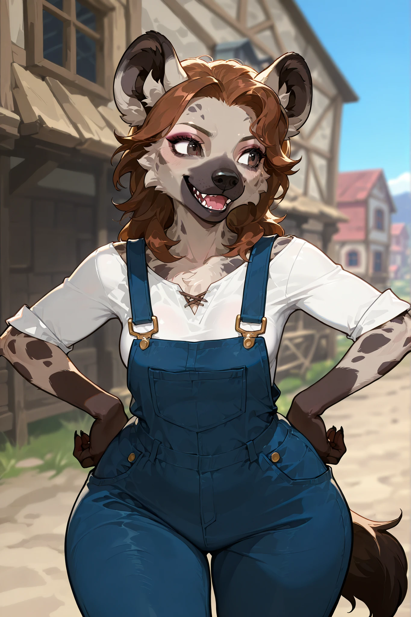 woman hyena, friendly, short, cute, overalls, farmer outfit, woman, small breasts, wide hips, town background