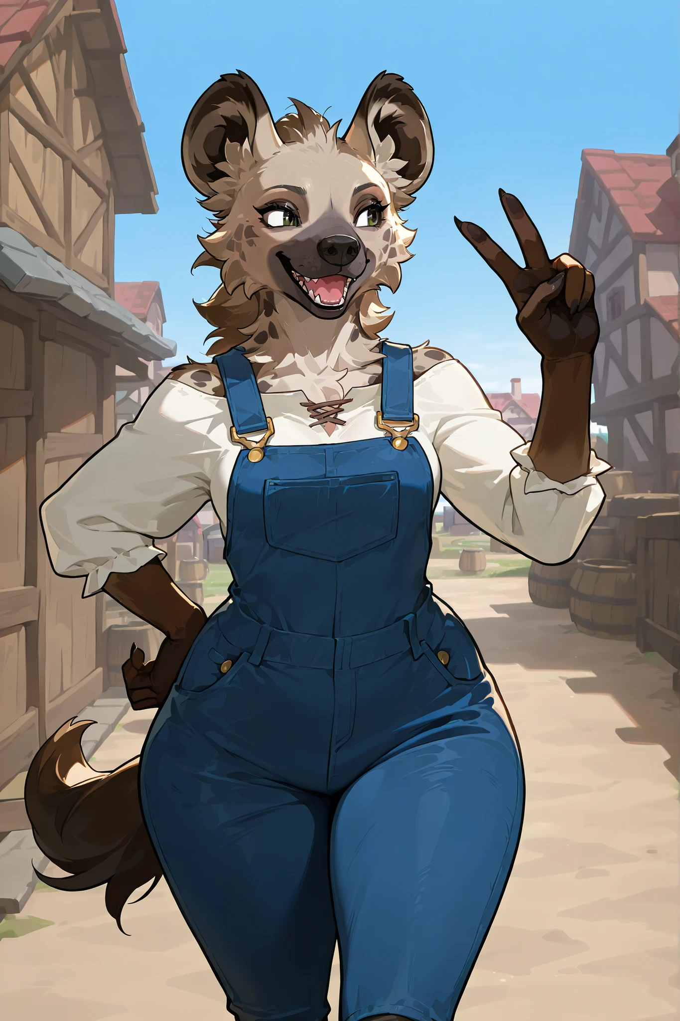 woman hyena, friendly, short, cute, overalls, farmer outfit, woman, small breasts, wide hips, town background