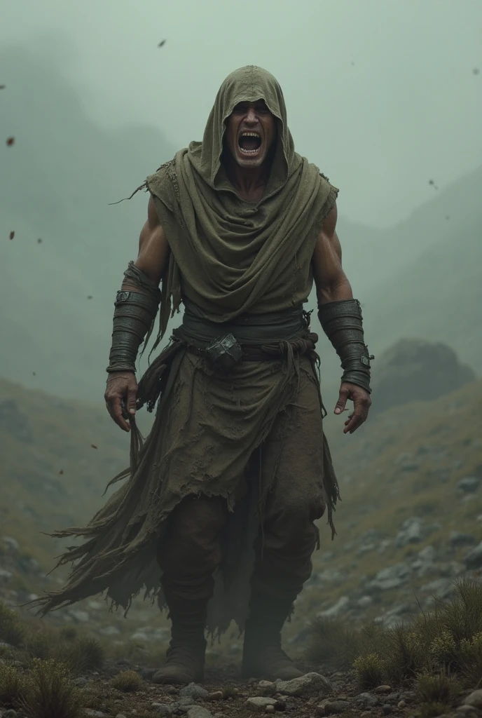 The gladiator stands after the battle, fear and horror on his face, tired and beaten, sand on his face mixed with sweat, an atmosphere of darkness and horror, hyper realistic photo, In post-production, enhance the details, sharpness, and contrast to achieve the hyper-realistic effect, v 5. 2