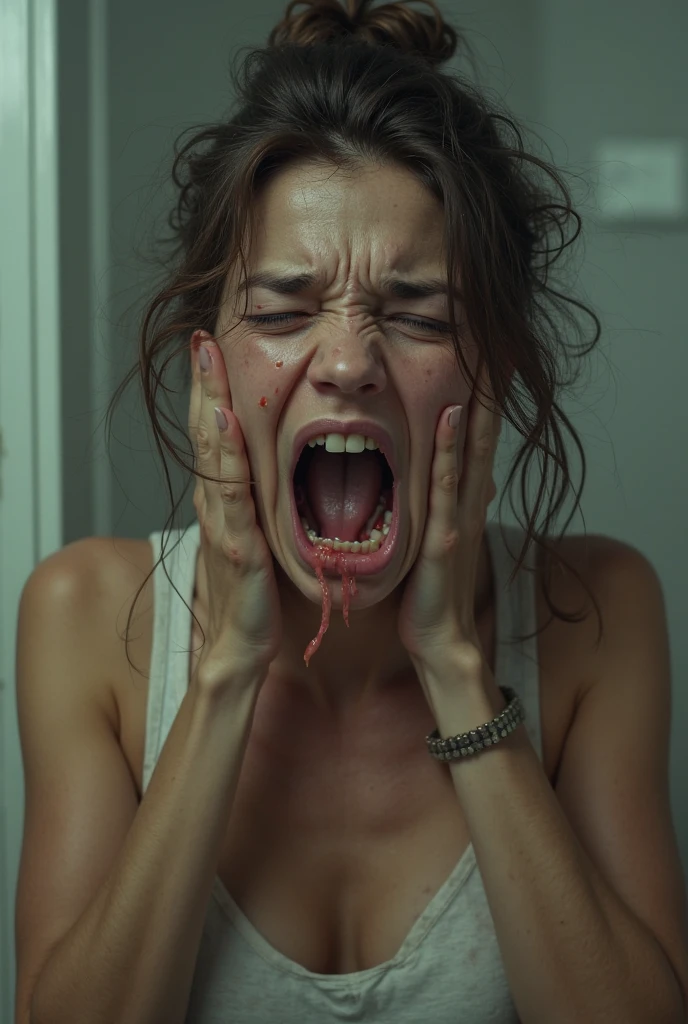 Create an ultra-high resolution, hyper-realistic rendering of a zombie model lying on the ground after a fresh attack, just before reanimation. She should have dead eyes, with fresh bites and gashes on her body. Her limp body should lie on the ground with legs spread apart. Her clothing is torn and dirty from the struggle. Include details like twisted hair and contorted lips for character. Emphasize subtle details such as sensual curves while maintaining a tasteful presentation. The background should depict a fierce battle for survival, with signs of chaos and destruction such as blood trails and broken objects. Ensure her body is complete and anatomically correct, emphasizing her eerie beauty and haunting charm. Full body picture. Open pose. Spread legs
