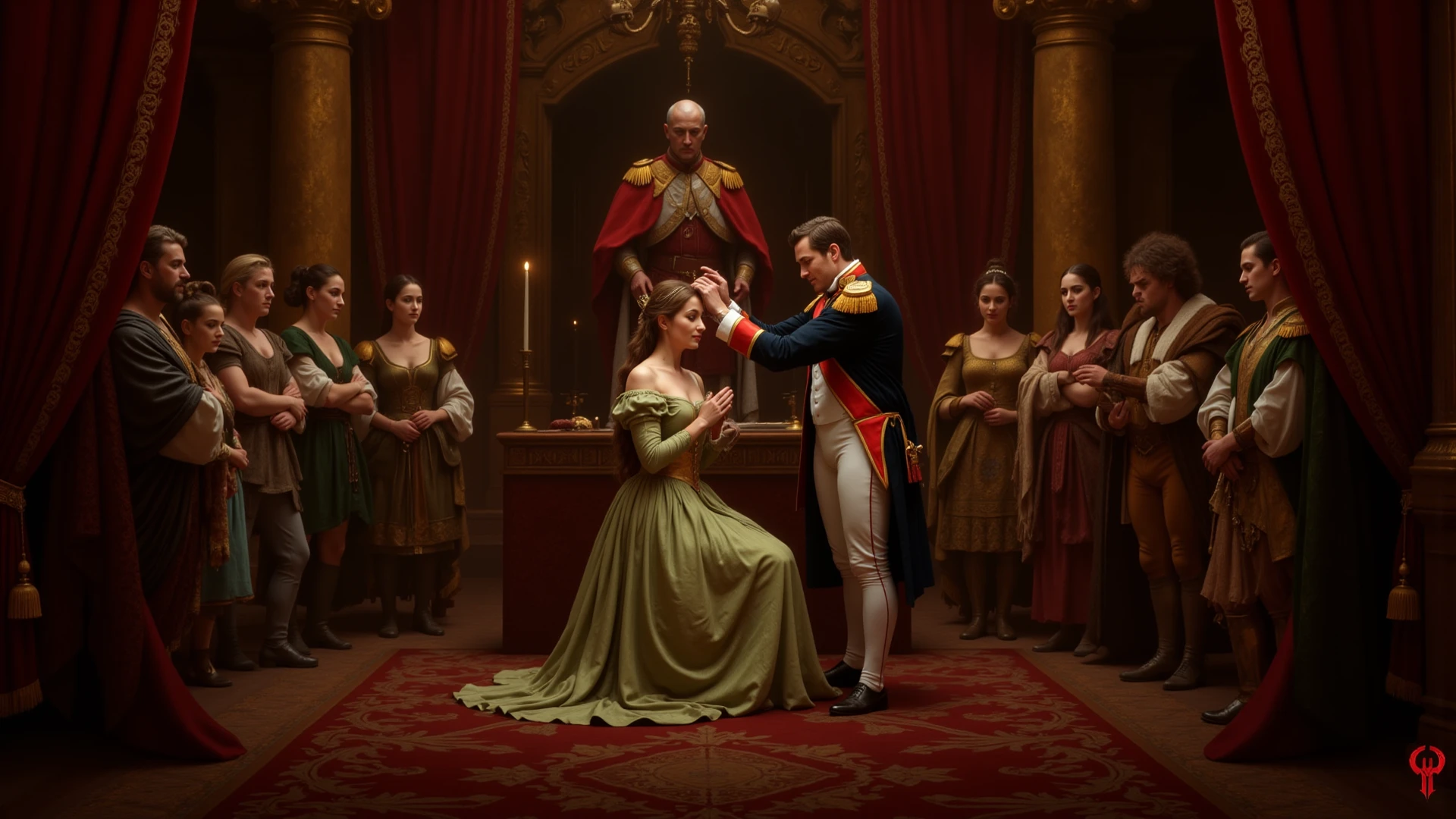 Princess sitting on sofa one prince stand beside her and kiss her forehead , second prince kiss her hand  , third prince sit on the floor next to his sister and touch her shoe