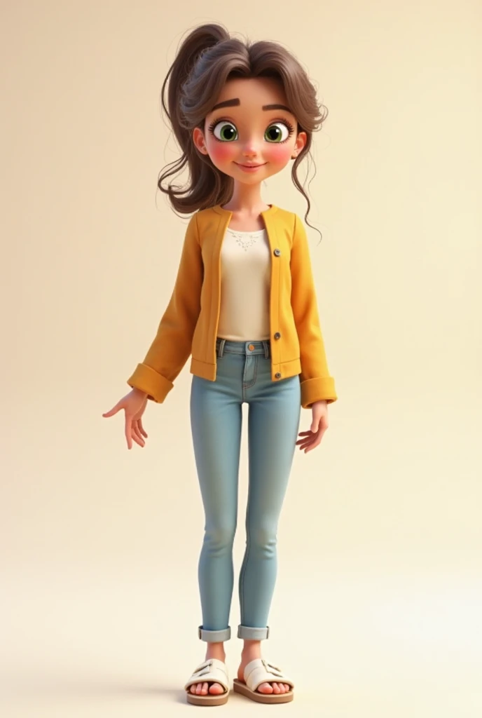3d cartoon photo of beautiful 20 year old young woman with persuasive look talking and making hand gestures on solid solid color background standing with feet crossed, full portrait image