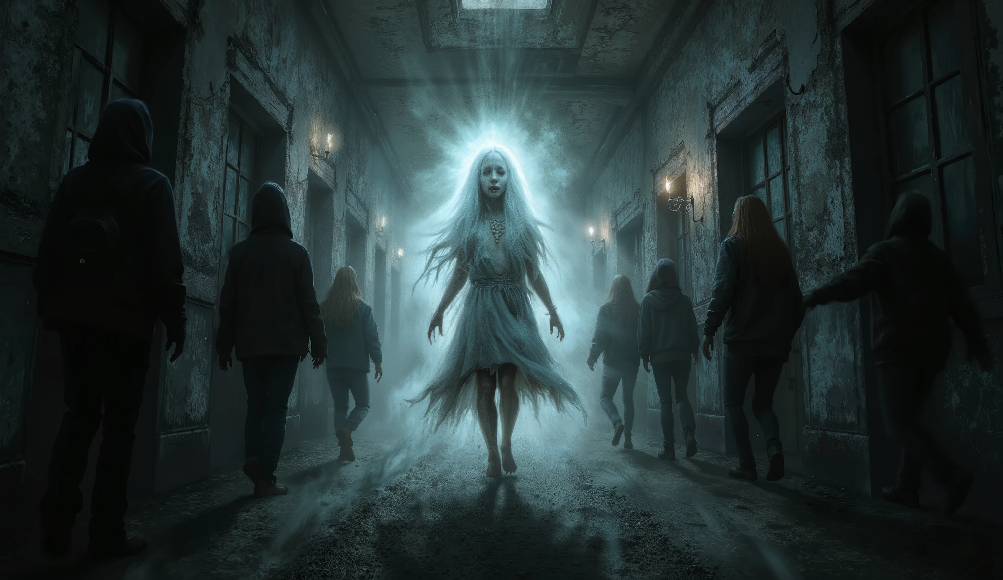 young ghost girl scares students at shady school, Spooky Ghost, spooky ghost girl, shady school with dark corridors, scared students hiding, flashing lights and burning candles, Gothic horror atmosphere, detailed illustration, realistic digital painting, 4k, hdr, dark colors, dramatic lighting