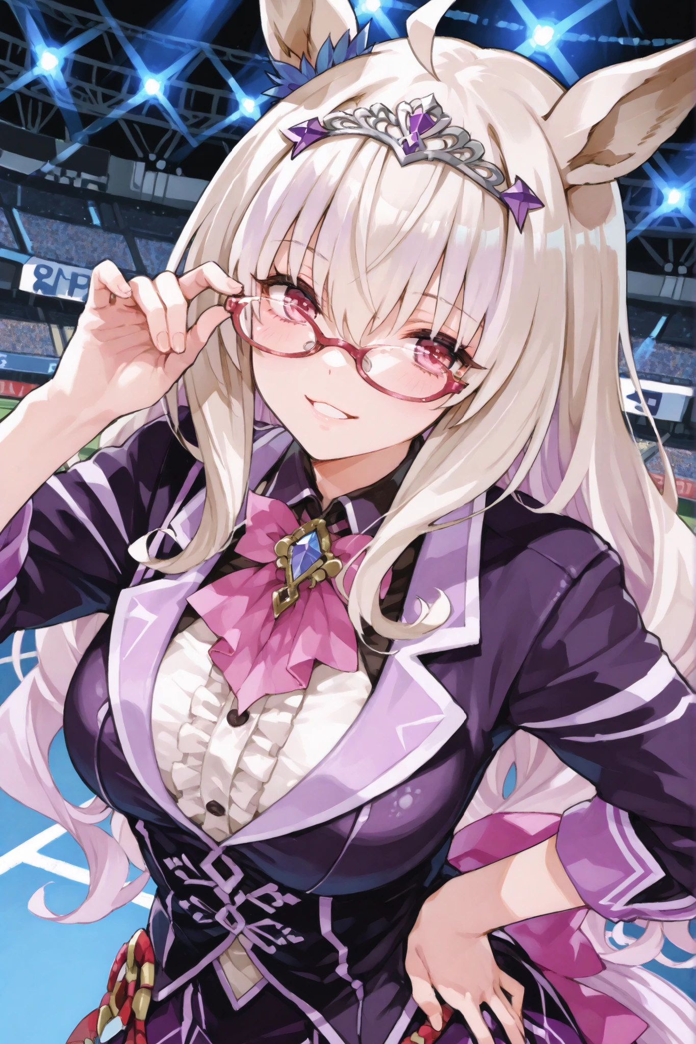 masterpiece、Biwa Hayahide（Uma Musume）、High Quality、yabuki、4K、1 girl、glamorous、stadium、Clothes、 place your hands on your hips、Touching glasses、gentle smile