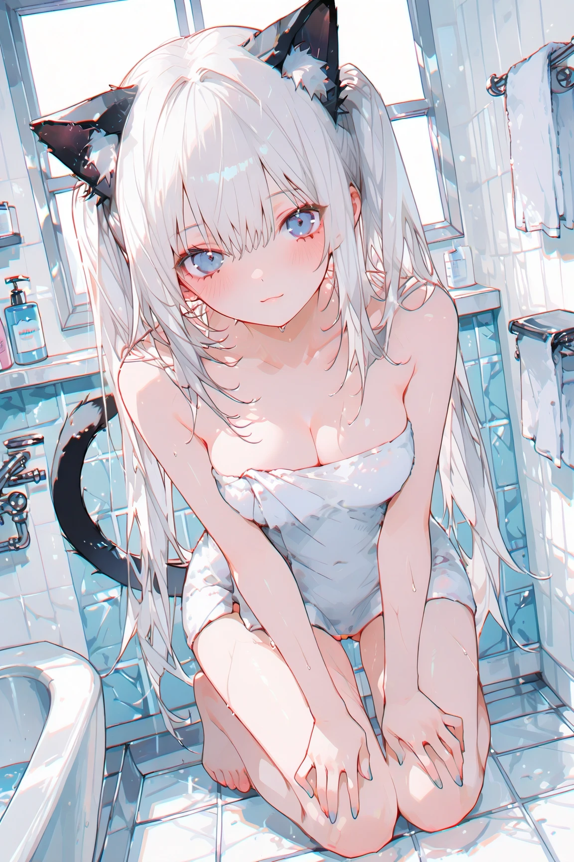 1girl、(((best quality)), ((masterpiece)), (details), masterpiece, best quality, high quality, ulutra detailed, perfect face, ((1girl, Blue eyes, cat ears: 1.3 silver bob hair: 2.5,))、Shiny Hair、Glowing Skin、Happy face、Lustful look、I can see your toned stomach、I take a shower、soaked、shower room、
