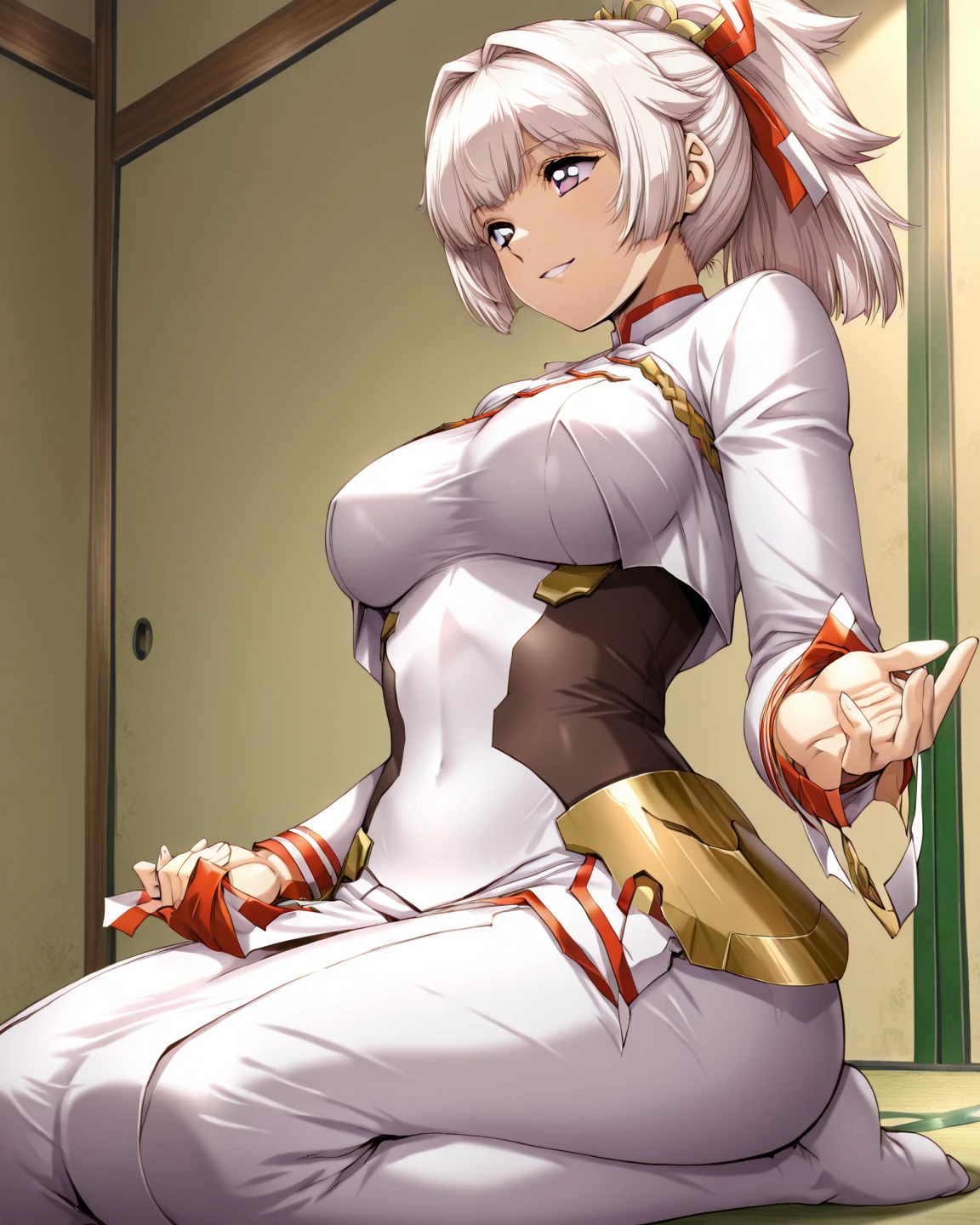score_9, score_8_up, score_7_up, score_6_up, uncensored, alexia midgar, long hair, very long hair, hair ribbon, white hair, red eyes, sidelocks, ribbon, BREAK (detailed eyes:1.5), (perfect hands, perfect anatomy), Anime Style, Manga Style, Hand drawn, cinematic, Sharp focus, humorous illustration, big depth of field, Masterpiece, concept art, trending on artstation, Vivid colors, Simplified style, trending on ArtStation, trending on CGSociety, Intricate, Vibrant colors, Soft Shading, Simplistic Features, Sharp Angles, Playful, excessive sweating, sweating profusely, sweating drop BREAK, 1girl, solo, breasts, barefoot, pussy, spread pussy, one breast out, feet, looking at viewer, nipples, clothing aside, panties, underwear, scarf, sidelocks, bridal gauntlets, toes, black panties, large breasts, crop top, sitting, ninja, spread legs, panties aside, uncensored, bare shoulders, full body, legs, indoors, gloves, sleeveless, covered nipples, bare legs, skirt, anus, grabbing own breast, soles, lockerroom, knee up, sleeveless shirt, black shirt, black gloves, parted lips, midriff, miniskirt, armor, presenting, thighs, elbow gloves, red scarf, blush, navel, japanese armor, shirt, kote, black skirt, pussy juice, forced smile, drooling,