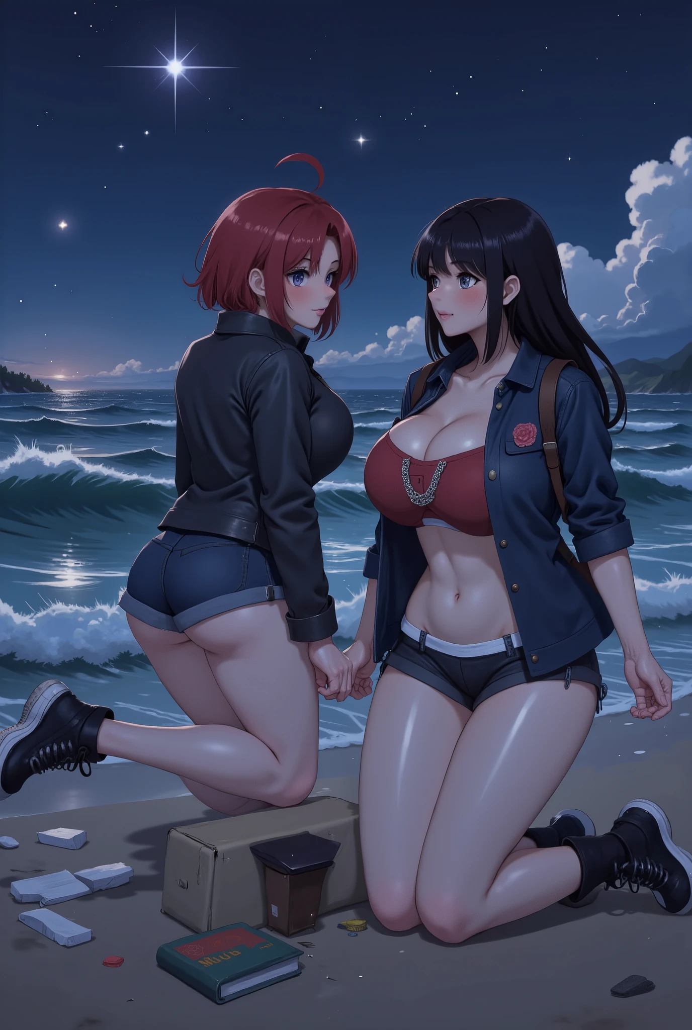 multiple girls, Giant娘 art, 非常に詳細なGiantショット, Giant, short hair, Giant woman bigger than a skyscraper, wearing rimless glasses, big breasts, big ass, bikini swimwear, Play with micro aircraft carriers and battleships in the land of dwarfs., full body description, ＧＴＳ, giga Giant娘, Giant娘, crashed warship, small warship, micro warship, High resolution, highest quality, masterpiece, 