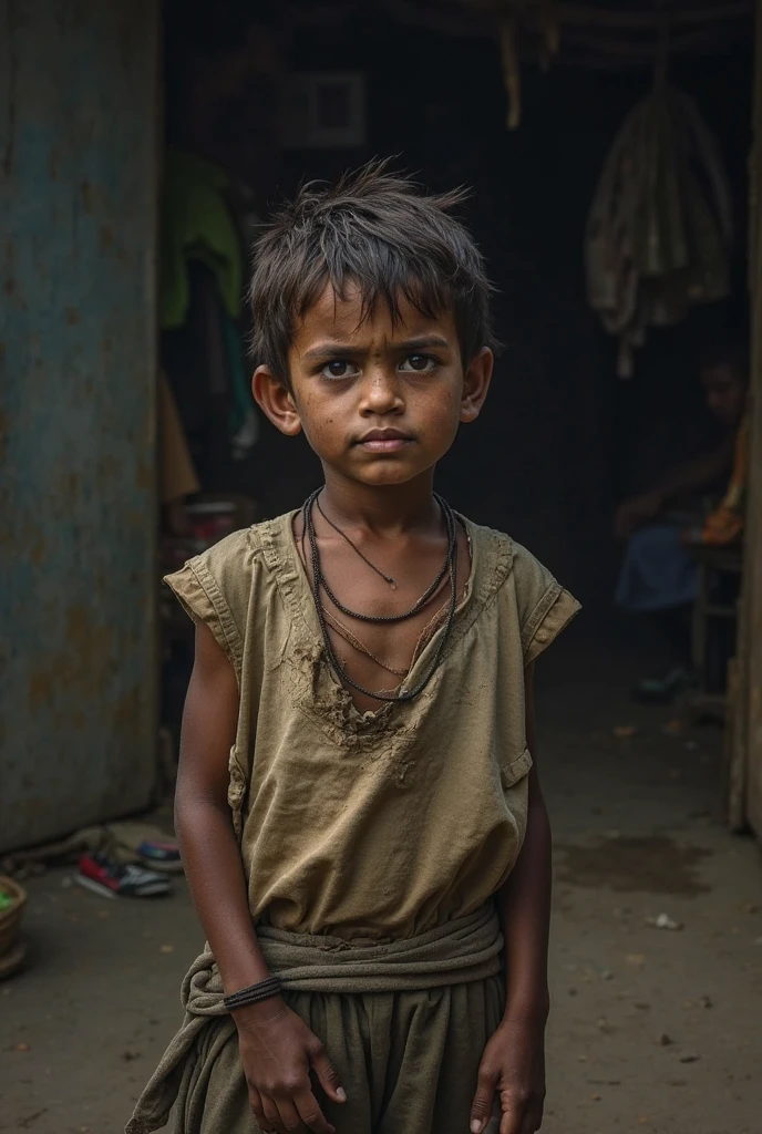 A poor boy around an dirty village