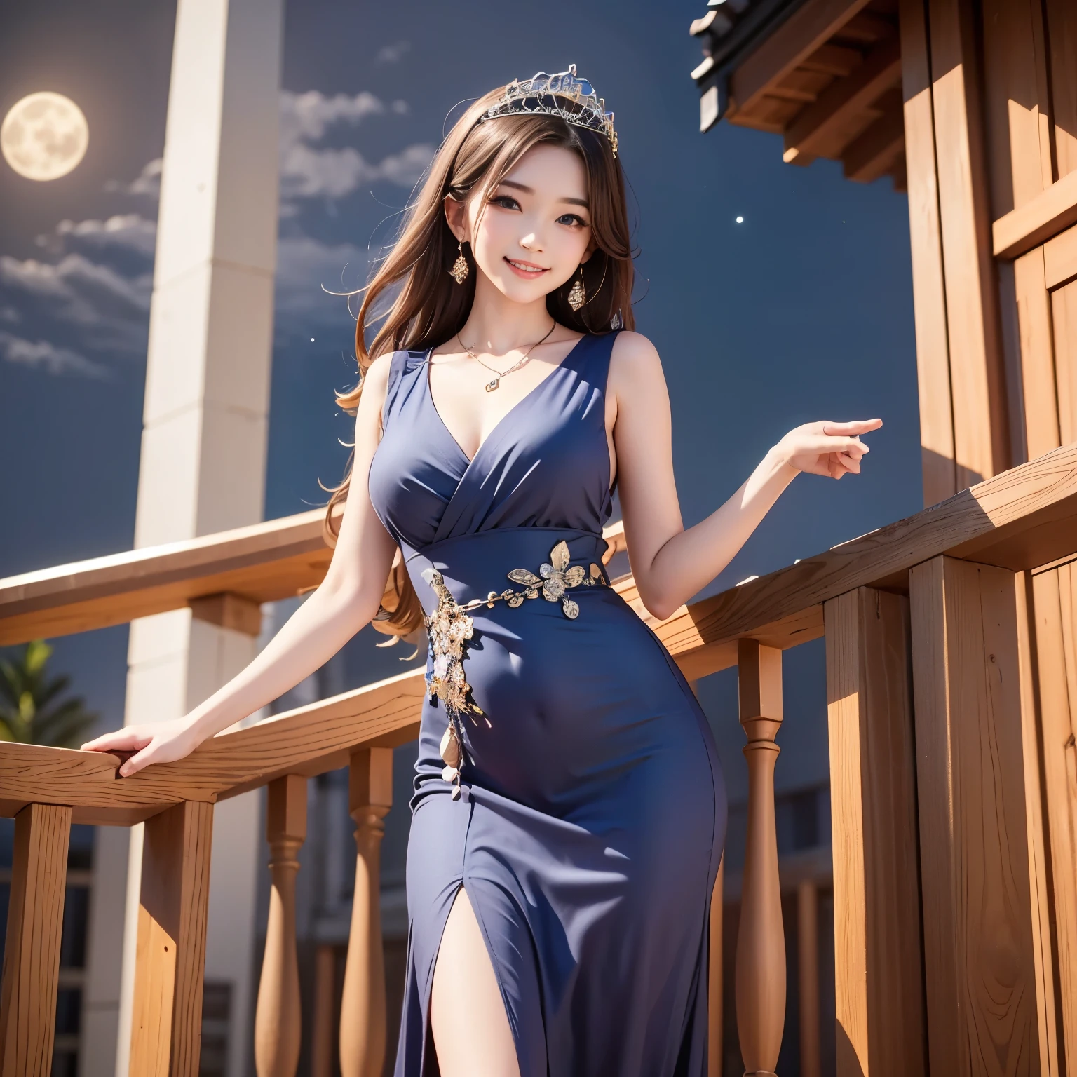 Masterpiece, top quality, high resolution, anatomically correct, ultra high definition. A balcony at night. A full moon. Beautiful night view. The light of a skyscraper can be seen. A beautiful girl. She is a beautiful Japanese woman. She is as beautiful as a goddess. She has a mysterious atmosphere. She has a well-defined face. She has beautiful blue eyes. She has big breasts and beautiful feet. She wears a hair ornament. She wears a necklace and earrings. (She has silver or blonde hair). (She has twin-tail or side-tail). ((She is wearing a red dress.)). ((She is wearing a tiara)). She is wearing heels. ((She is smiling and smiling)). ((She is standing and striking a cute pose)).long dress,dress