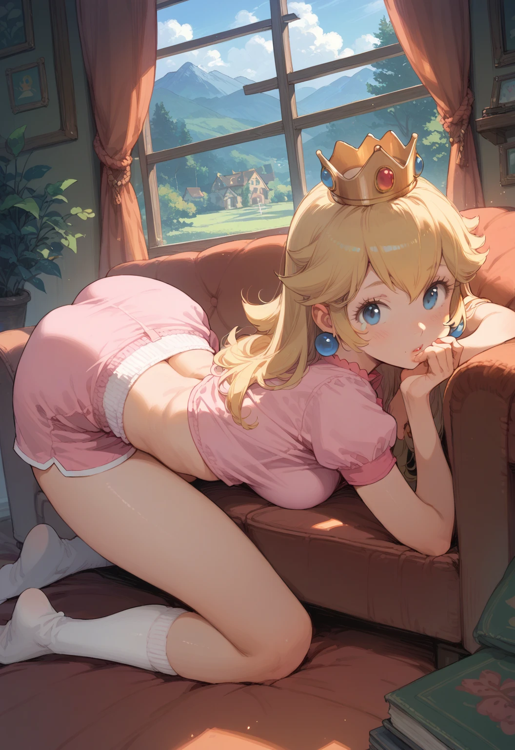 high quality, best quality, masterpiece, absurdres, 1girl, Princess Peach, blush, thick thighs, bedroom, blonde hair, pink dress, white panties, big ass, bubble butt, sitting on viewer, facesitting pov