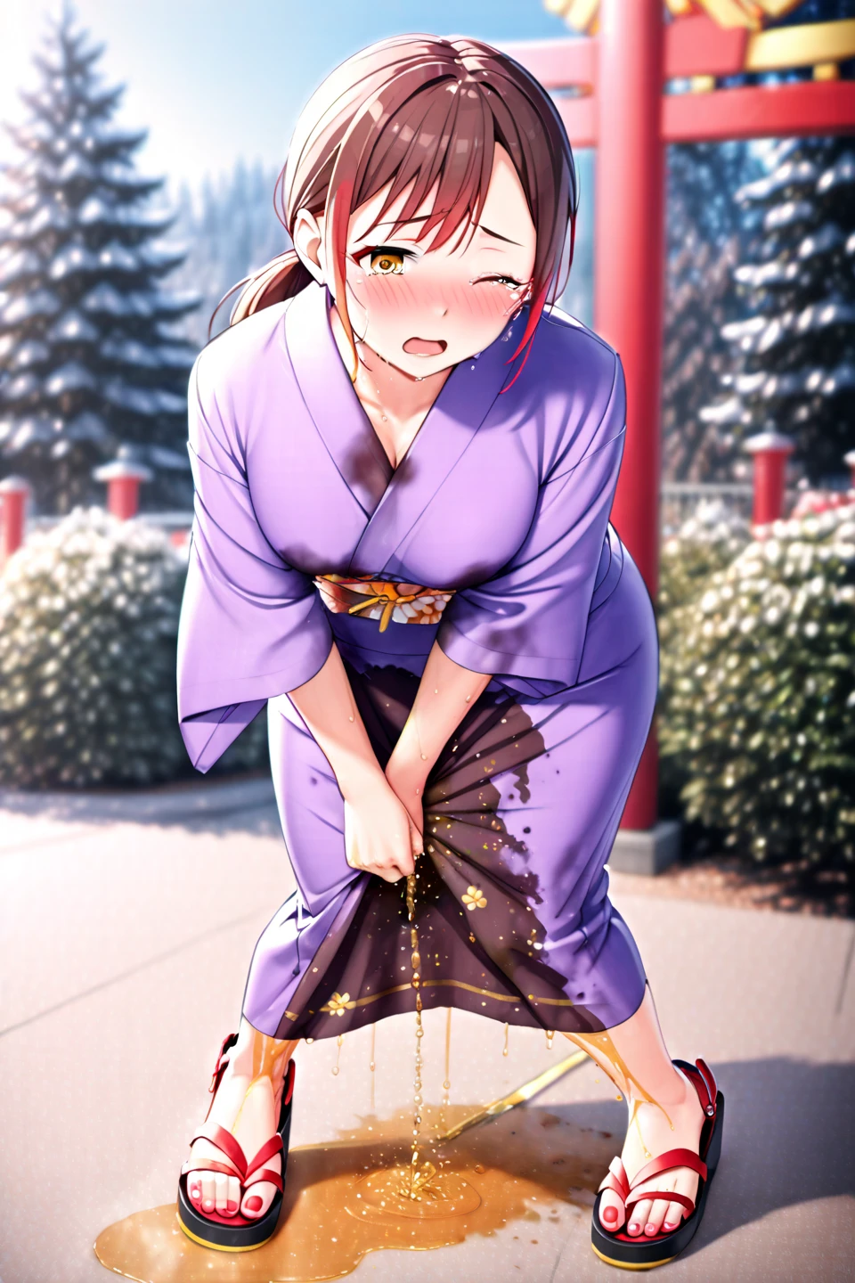 teens girl,Brown hair,Wearing hair ornaments,She is wearing a knee-length pink yukata.,Building shadow,crouching down,Omorashi,Pee,Futomo,natta,A small puddle at your feet,Wearing clogs,祭りのnatta,Emphasis on embarrassment,hiquality,Tachishoben,grassy,bare-legged
