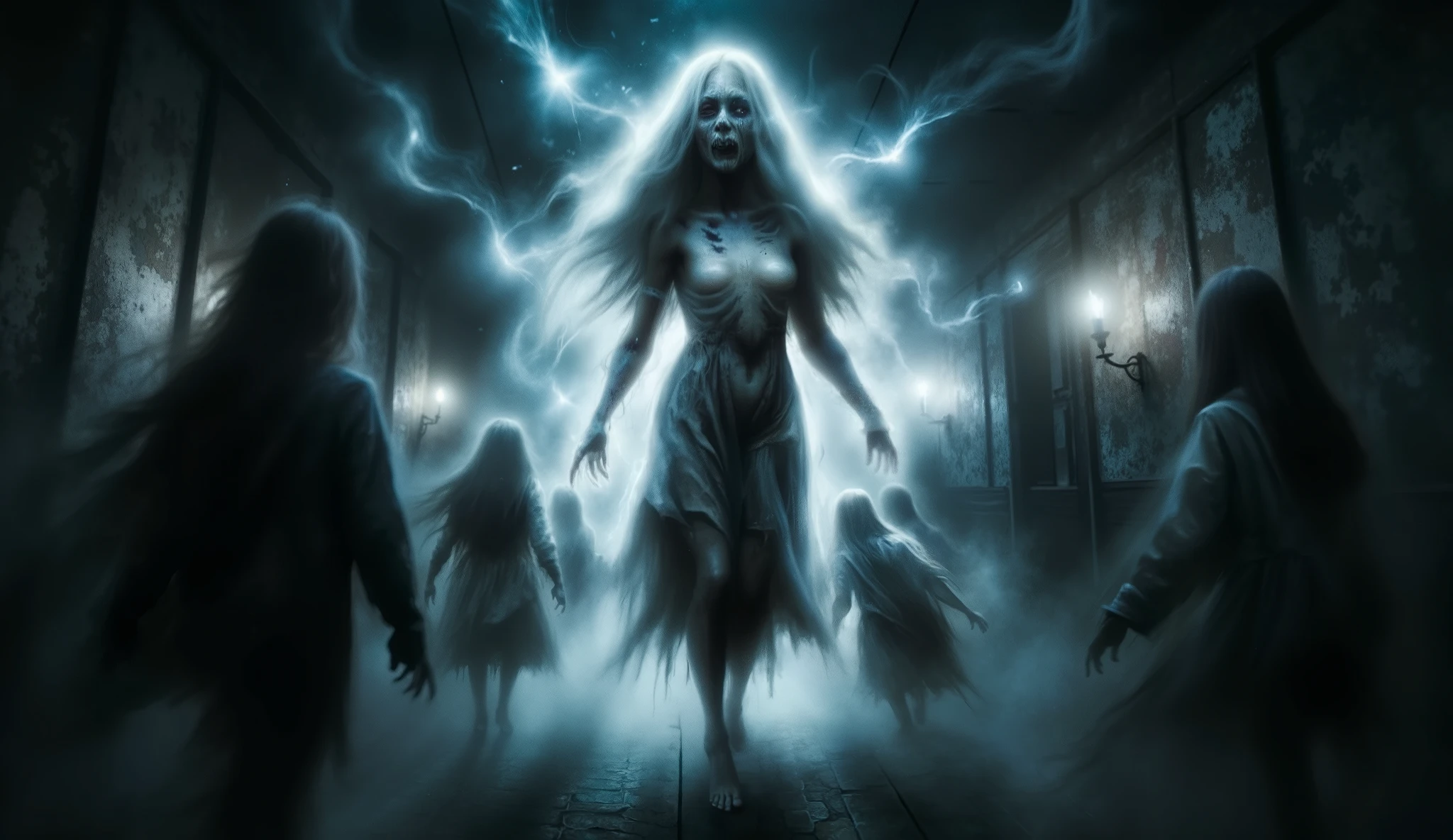 Young ghost girl scares students at shady school, Spooky Ghost, spooky ghost girl, shady school with dark corridors, scared students hiding, flashing lights and burning candles, Gothic horror atmosphere, detailed illustration, realistic digital painting, 4k, hdr, dark colors, dramatic lighting