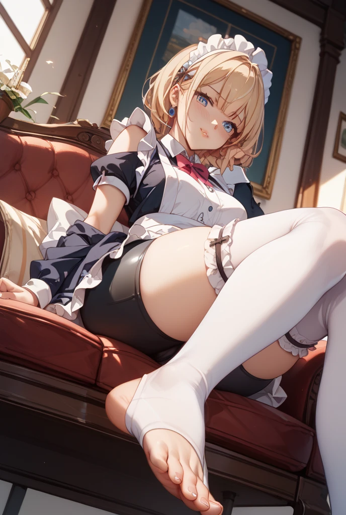 (footjob), Masterpiece、Highest quality、Highest quality, (long and thin legs, shoes:1.2), Arm behind wrist, squat、Spread your legs、1 girl, (smile、Open your mouth大笑い:1.2), Cute eyes, (Detailed face:1.3)、Open your mouth, The whole face turns red, alone, Big and ample breasts, (Straight bangs, Twin tails), White maid outfit、Side bust、Underbust、belly button、Walking through the mansion&#39;corridor、nsfw、shoes下