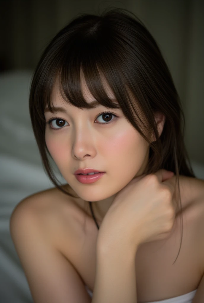 Asian　black hair　1 girl　((full nude))、Married woman、Take a photo of your face from above while lying on the bed.　((((cry))))　　((glare))　(Photoreal)　dirt　(huge breasts)　(dark room)　concrete wall　(sweaty skin)　(((real face)))　(((No makeup)))