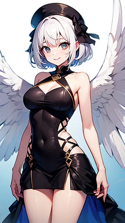 (Top quality), (Super detail), (Hi-res) cute angel girl, Archangel Gabriel's Blessing, 6 angel wings, white multicolored short bob hair, emit light blue eyes, beautiful detailed eyes, light white skin, red lipstick and cheek, full body Tantra tatto, black and gold metallic sexy Goddess leotard costume, black metallic knee socks, metallic gloves, psychedelic healing meditation, Fantasy, beautiful concept art, Swirling Elemental,