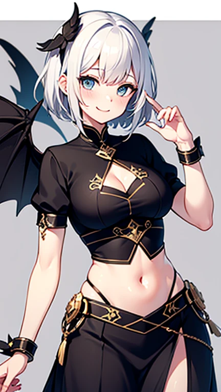 Cute girl, short gray hair, black eyes, smile, big breasts, short pants, ostrich costume