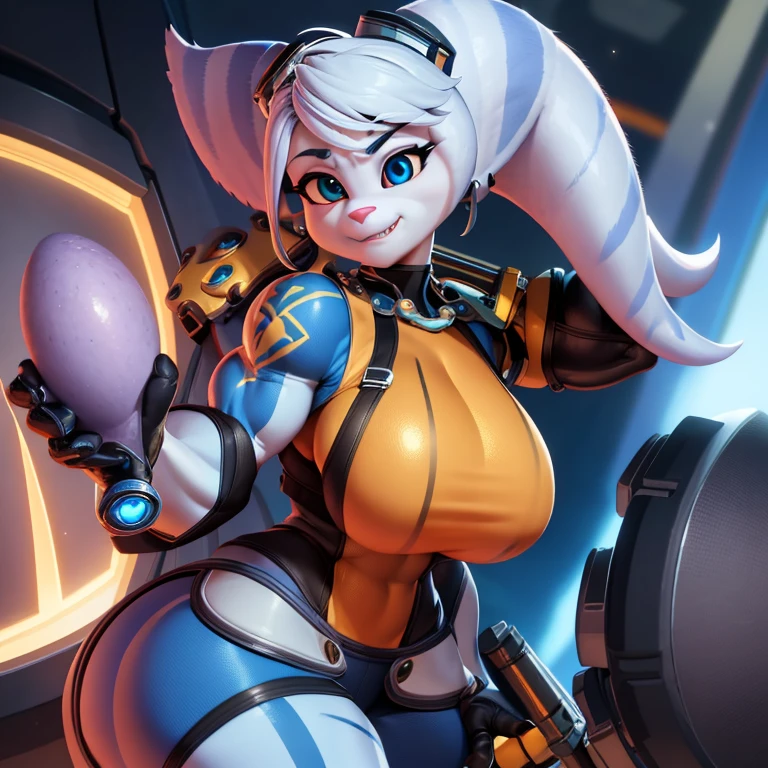 masterpiece,best quality, 8k,1girl,((furry)) , rivetlombax, blue eyes, animal ears, earrings, goggles on head, bangs, mechanical arms, scarf, bodysuit, belt, 1tail, (tail is attached to the ass) , forest, smile, not human, ass big,smile,forest,cartoon style, cute, (breast:1.7), full body picture, thick thighs, camel toe, night city, night time sky full of stars, arms crossed, Ratchet and Clank,