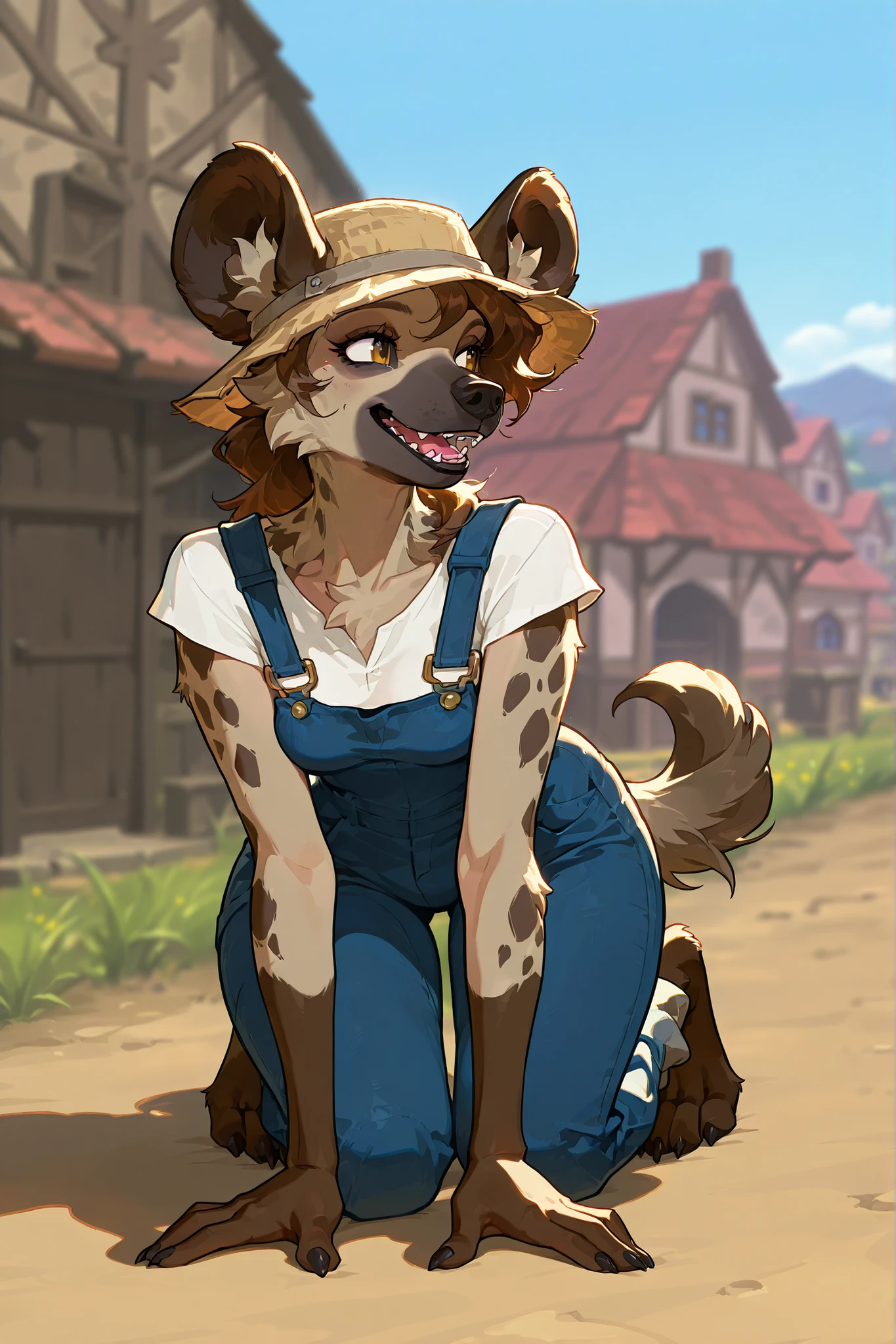 woman hyena, friendly, short, cute, overalls, farmer outfit, woman, small breasts, wide hips,  town background, kneeling on all fours