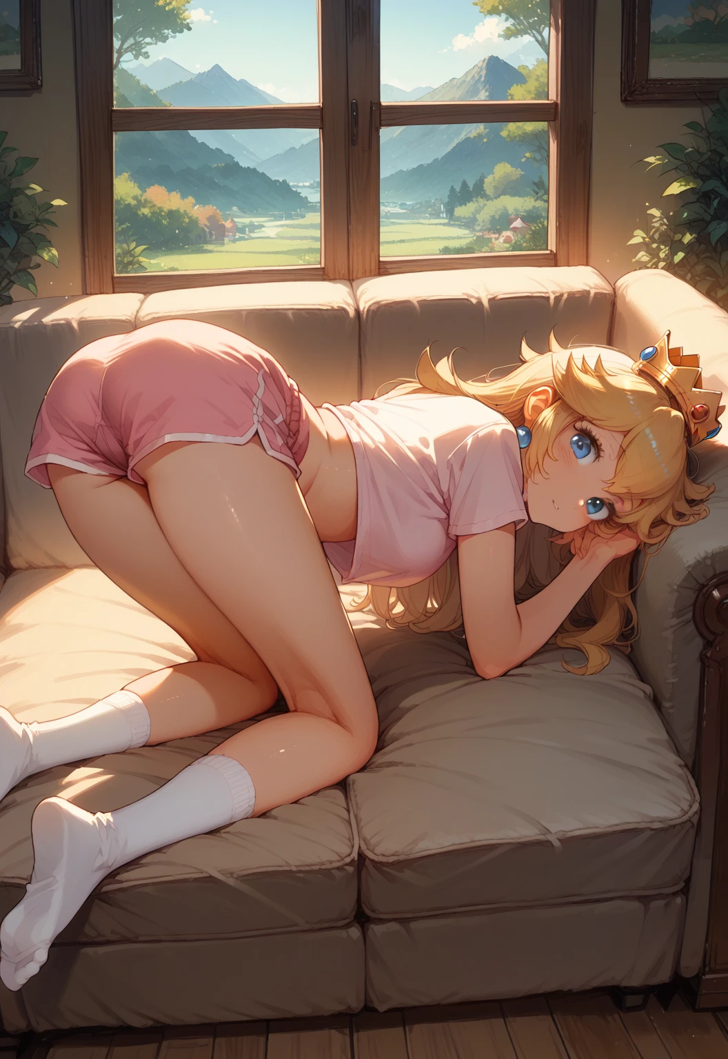 Hagakure Toru, Brown hair, naked, Back, pink floral boyshorts, frogsitting, on the bed, bedroom, front, beautiful legs. detailed, Perfect picture, Best Quality, Masterpiece, Super High Resolution, perfect body