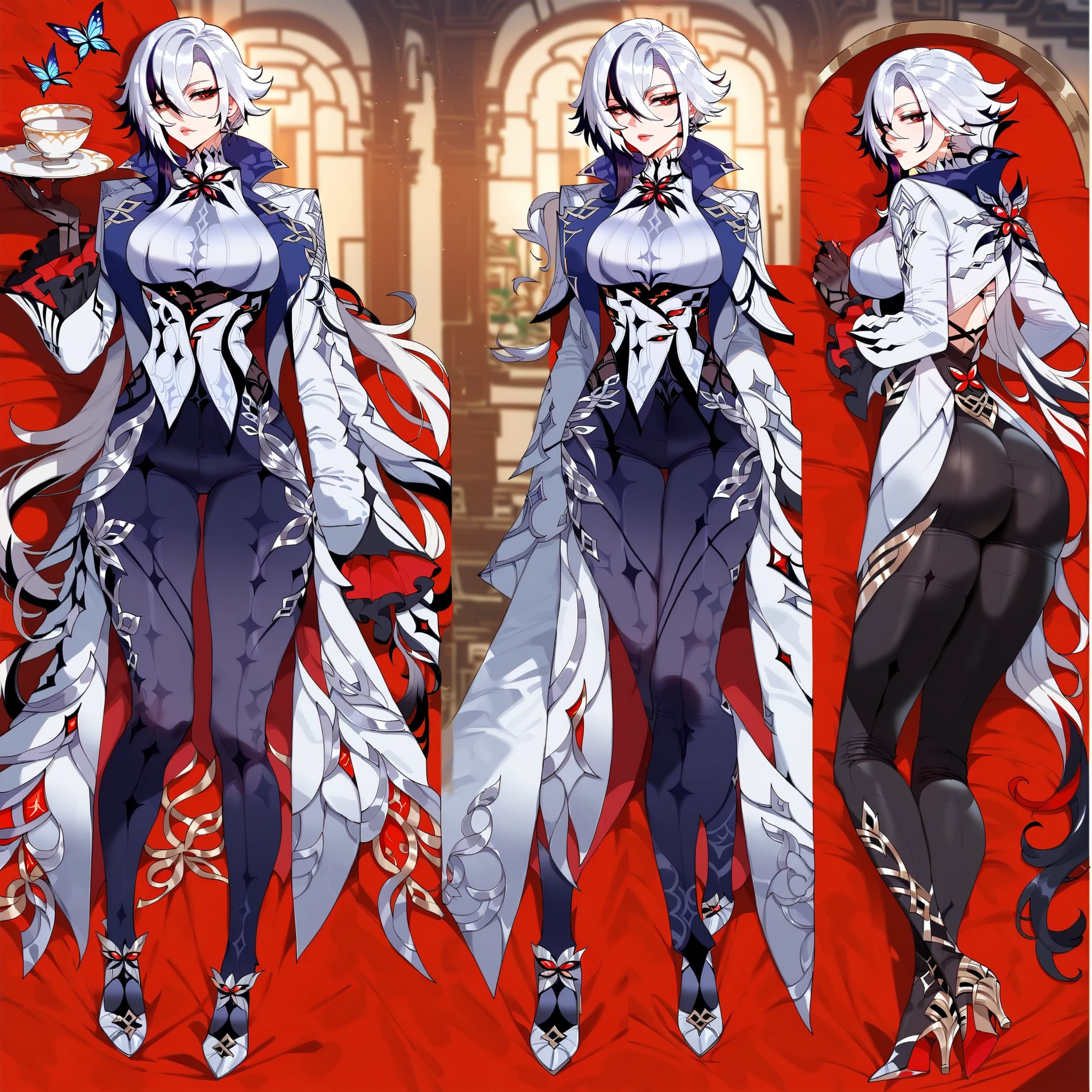 check_9, check_8_up, check_7_up, 1girl, Arlecchino ( Genshin Impact), x-shaped pupils, white hair, black hair, black eyes, red pupils, , medium Breasts, 1girl, One, pants y, Breasts, multicolor hair, black hair, x} fringes, butterfly, black брюки , cup, looks at the viewer, large Breasts, indoor, teacup, coat, white hair, high-heeled shoes, symbol-shaped pupils, striped hair , chelka, x-shaped pupils, white coat, full body , is lying on the bed, ass, dakimakura