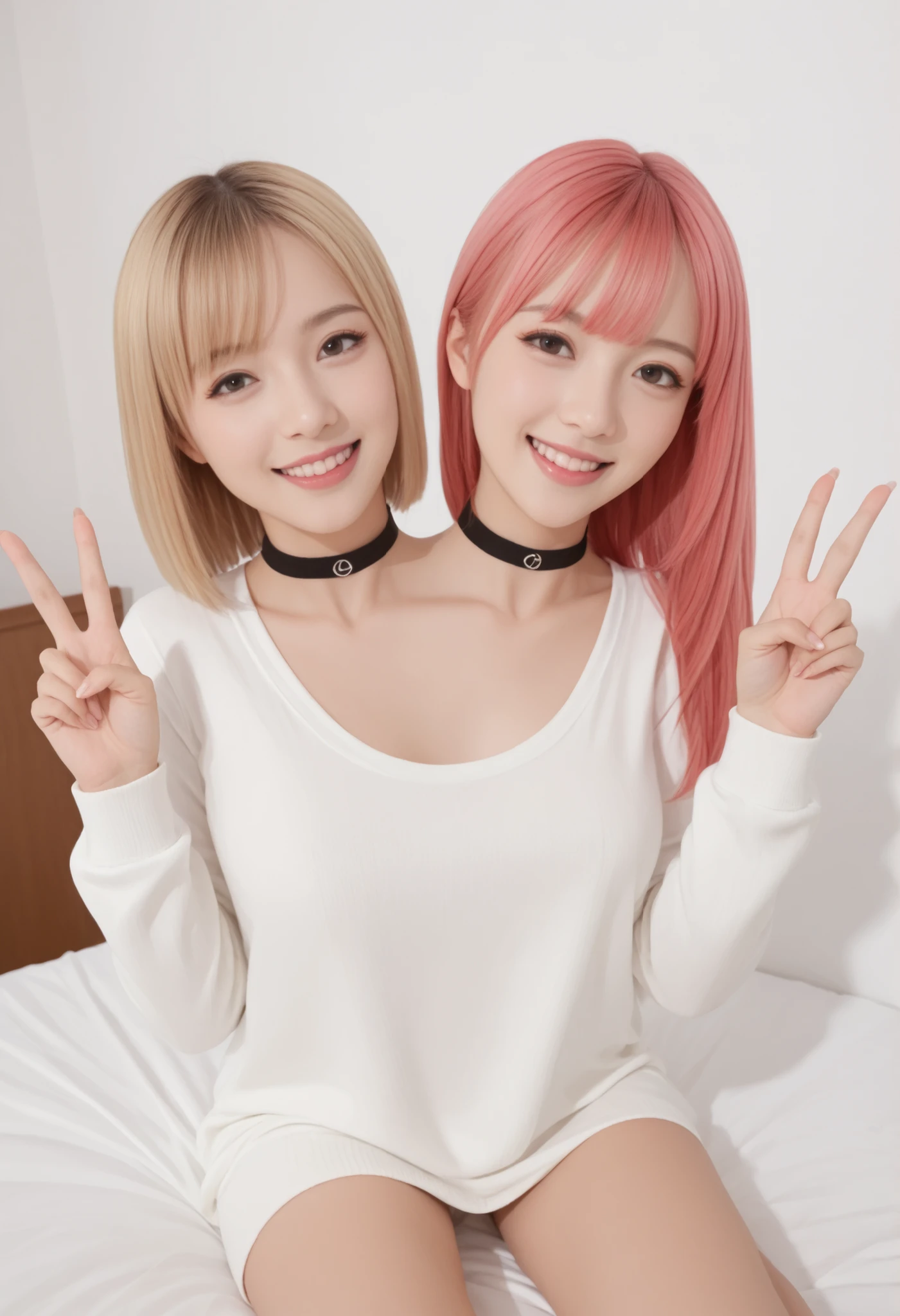 fullbody shot, best resolution,different facial-expressions, closed smile, sticking tongue out, looking at viewer ,different haircolors blonde hair, pink hair,, 2japanese women with two heads conjoined, different faceshapes, round chin, sharp chin, different hair-lengths, long-hair, short-hair, forehead, no fringe, trimmed fringe, no shirt, no pants, detailed face, choker, peace sign on head hand gesture, sitting on bed