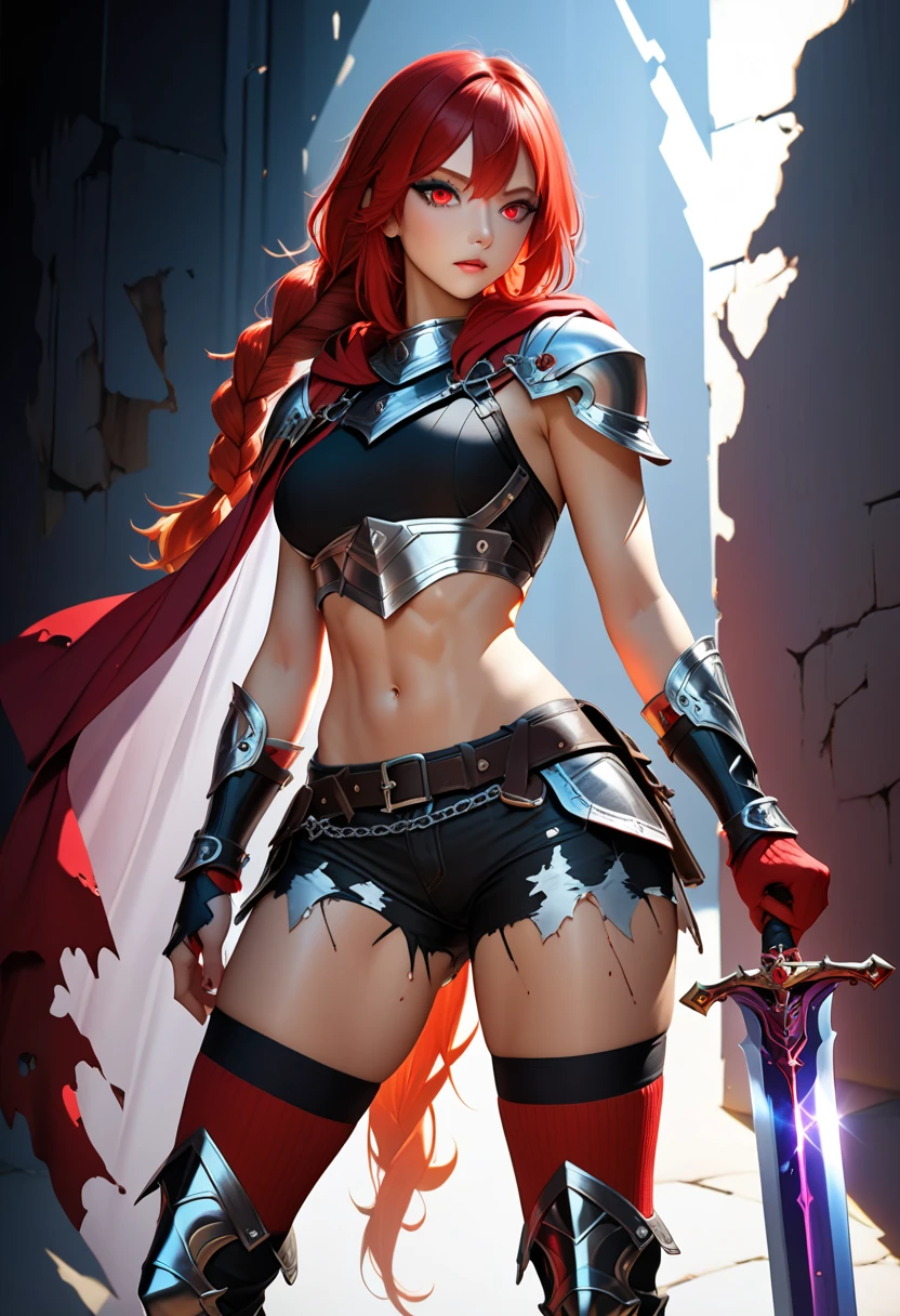 (ultra realistic,32k, masterpiece:1.2),(high detailed skin:1.1),( high quality:1.1),
<lora:erza scarlet v2-lora-nochekaiser:0.8>erza scarlet, long hair, (red hair:1.5), hair between eyes, brown eyes, skirt, thighhighs, cleavage, boots, belt, sword, cape, armor, gauntlets, armored boots, greaves, knight,,fighting stance, (huge breast,large breast,:1.1),<lora:add_detail:1>,
(soft shaded:1.1), frostfire peaks, icy flames, frozen landscapes, battleground of ice and fire, blurry background,