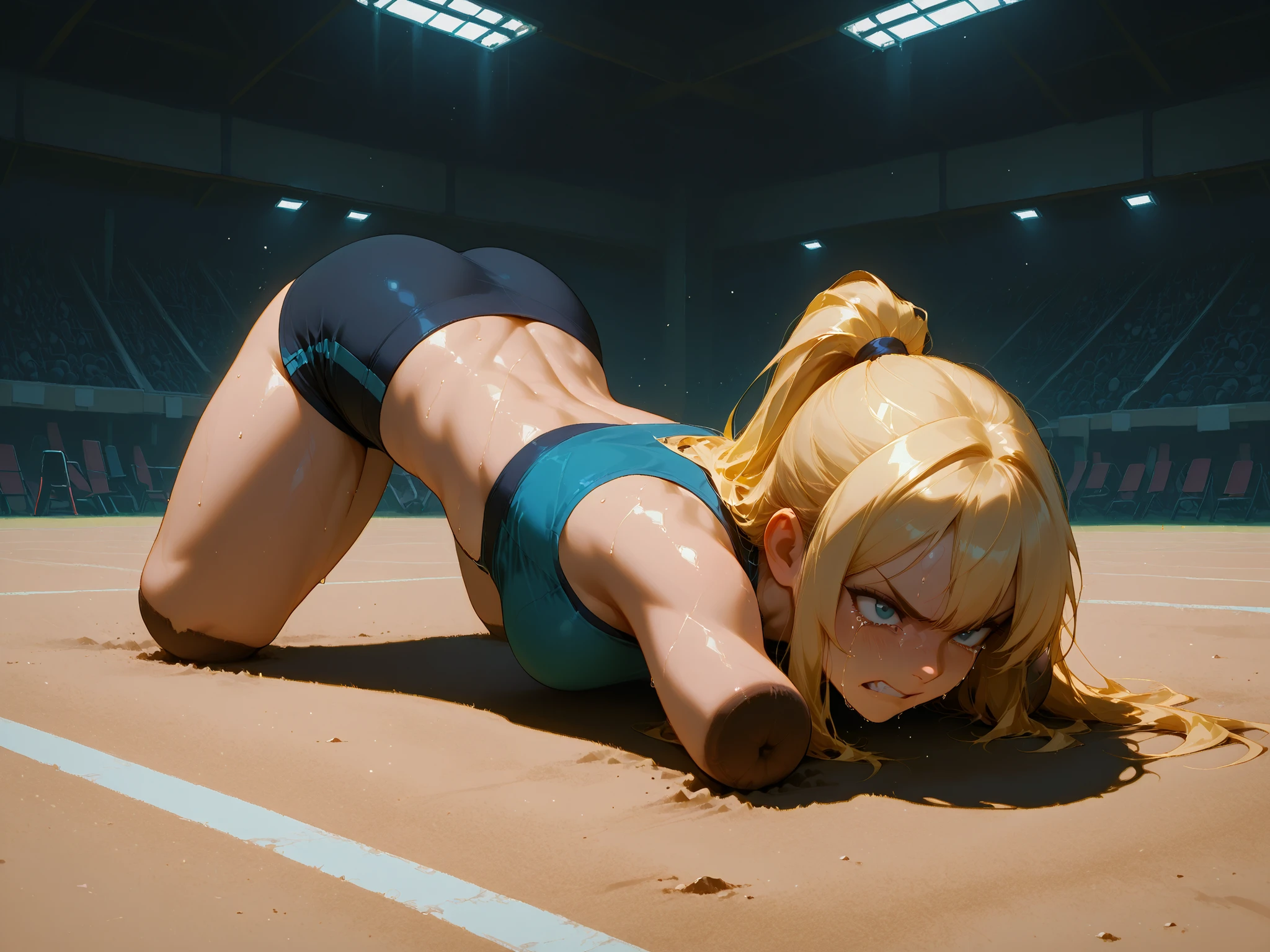 (masterpiece:1.2), (best quality:1.2), (very aesthetic:1.2), (absurdres:1.2), (detailed background:1.1),
8k, high resolution, illustration, sharp edges, original, Perfect Pixel, highest quality,
1girl, blonde hair, long hair, straight hair, ponytail, athletic body,
crawling on the floor, lying on all fours, training, combat crawling, gym or training ground, dirt and sweat, soft lighting,
angry expression, crying, focused, low angle, dramatic shadows, full body, dynamic pose, low angle, from side,