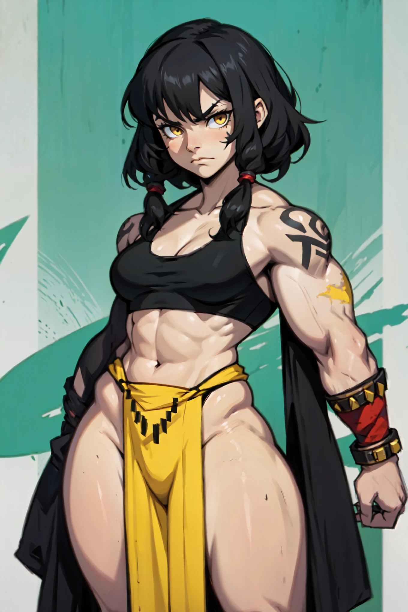 ((grey background)), solo, ((((1 girl)))), very long hair, black hair, angry, yellow eyes, (((((muscular))))), (huge tits), (thick thighs), (wide hips), pale skin, standing, slick hair, (kimono)