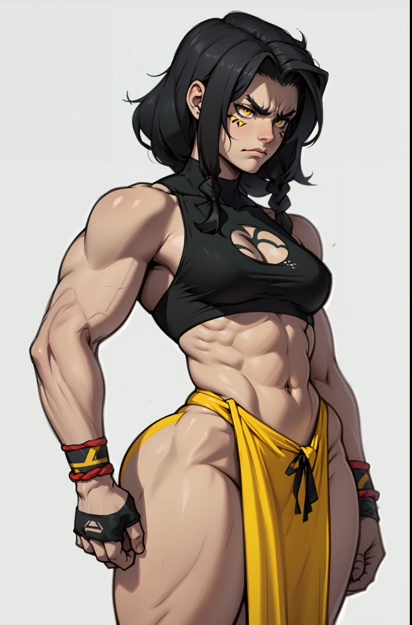 an angry muscular girl with long silky black hair and yellow eyes dark atmosphere pale skin huge breasts close up (crying) kneeling down from below (((hands behind back)))
