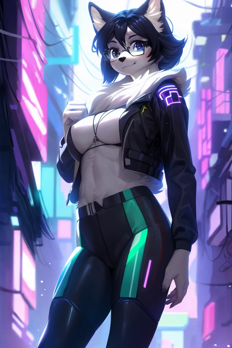 ((furry: 1.2)), (furry, anthropomorphic cat, best quality: 1.2)), ((hands on waist)), seen from side, (cybernetic eye), defined abdominal, (thin waist), wide hip, , ((cyberpunk city background)) , ((tattoos on body), purple jacket, dropped on arms, (floss), trend in artstation, soft lighting,