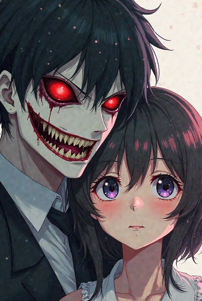 1boy, Black Red Mix Hair, red eyes, dark background, Black shirt, Black trousers, Black jacket, Dim lighting, Turning your back to the camera, Glancing from the right side, masterpiece, full body, 1 girl, White black mix hair, Canine tooth, red eyes, Raising one hand stained with blood, 1 girl, Black Purple Mix Hair, red eyes, Canine tooth, A little blood stain on the cheek, 1 , White purple mix hair, red eyes, Licking bloodstained hands, Canine tooth