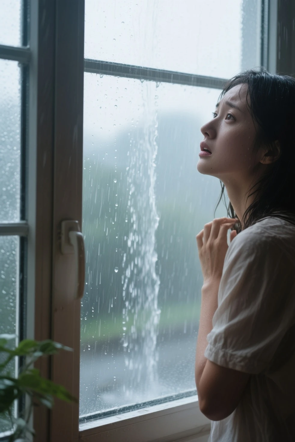 Outside the window, it is raining so hard that the scenery is hazy ...
