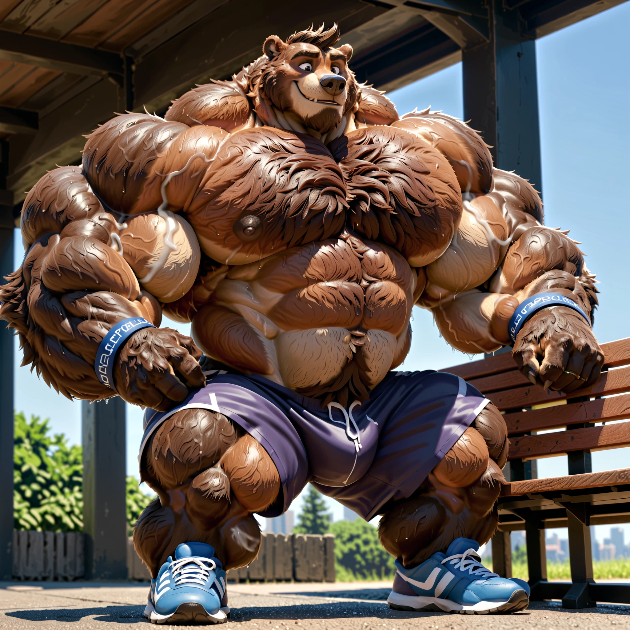 chubby Grizzly Bear adventure in forest, brown fur, thick arm, huge arm, bearded. brown hair and brown beard, bearded, muscular, pectoral, wide pectoral, realistic, 8k, masterpiece, (wearing black shorts, wristbands and shirtless:1.3, topless, shoes) stretching his body muscles