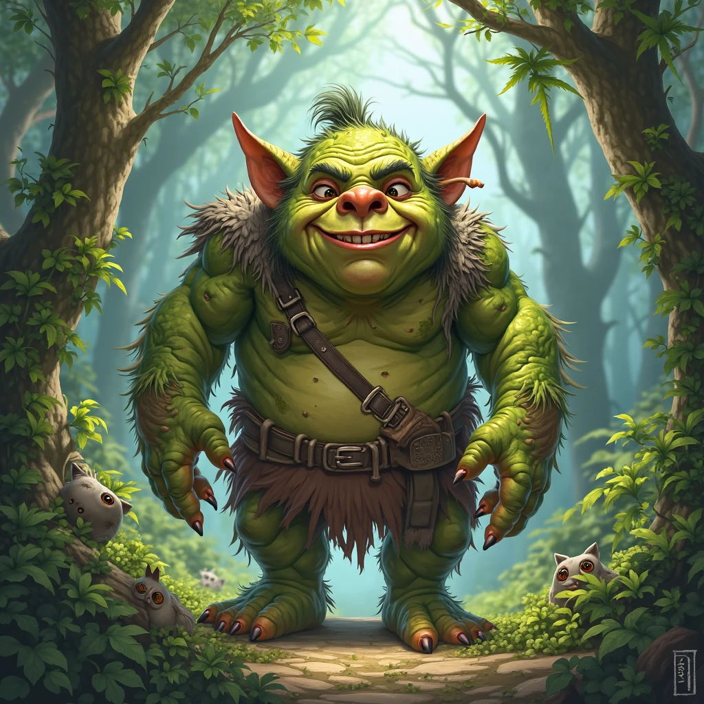 A short, fat green-skinned gnome holding two axes