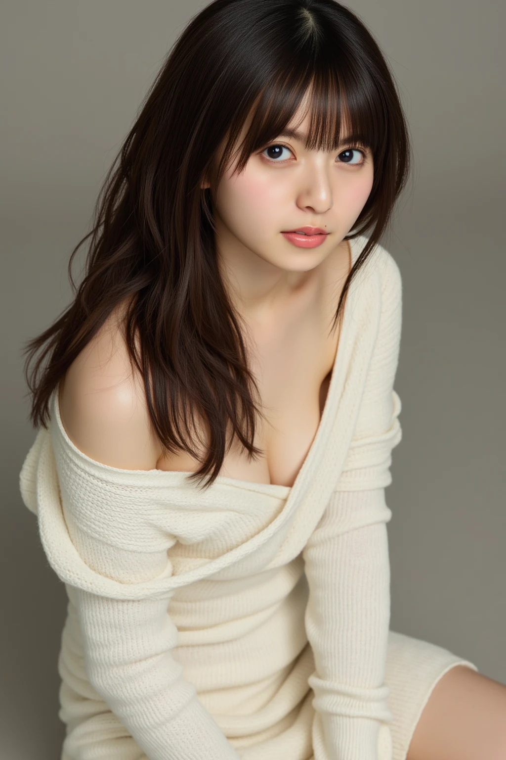 masterpiece, highest quality, 8k, 20th Generation, Large Breasts, cute, alone, sad, cute, Girlish, Delicate girl, Pure beauty, RAW Photos, Professional photography, Portraiture, Soft Light, Professional Lighting, Backlight, Upper Body, avert your eyes, Sophisticated, Film Grain, (Eyes and facial details:1.0), Short floating hair, Beautiful, flowing hair, bangs, T-shirt and greyish lavender cardigan、(Large Breasts:1.0)、Saggy breasts、A little bit of cleavage is visible