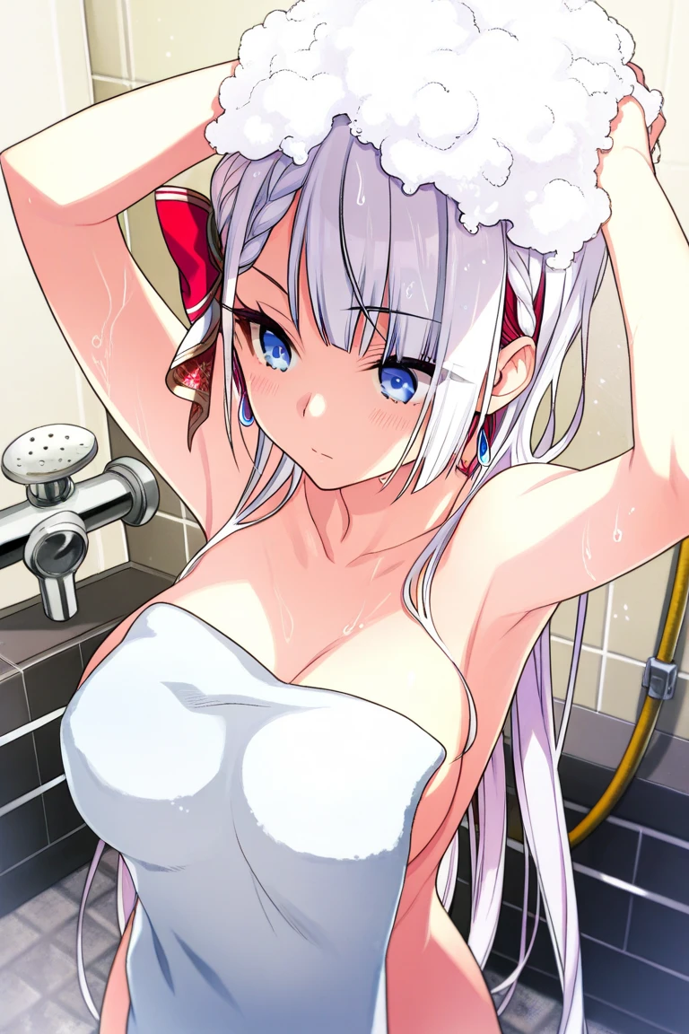 cute girl, anime, silver hair, blue eyes, ponytail, (blue ribbon:0.7), feel shy, shower room, nude, (young:1.4), side shot, whole body