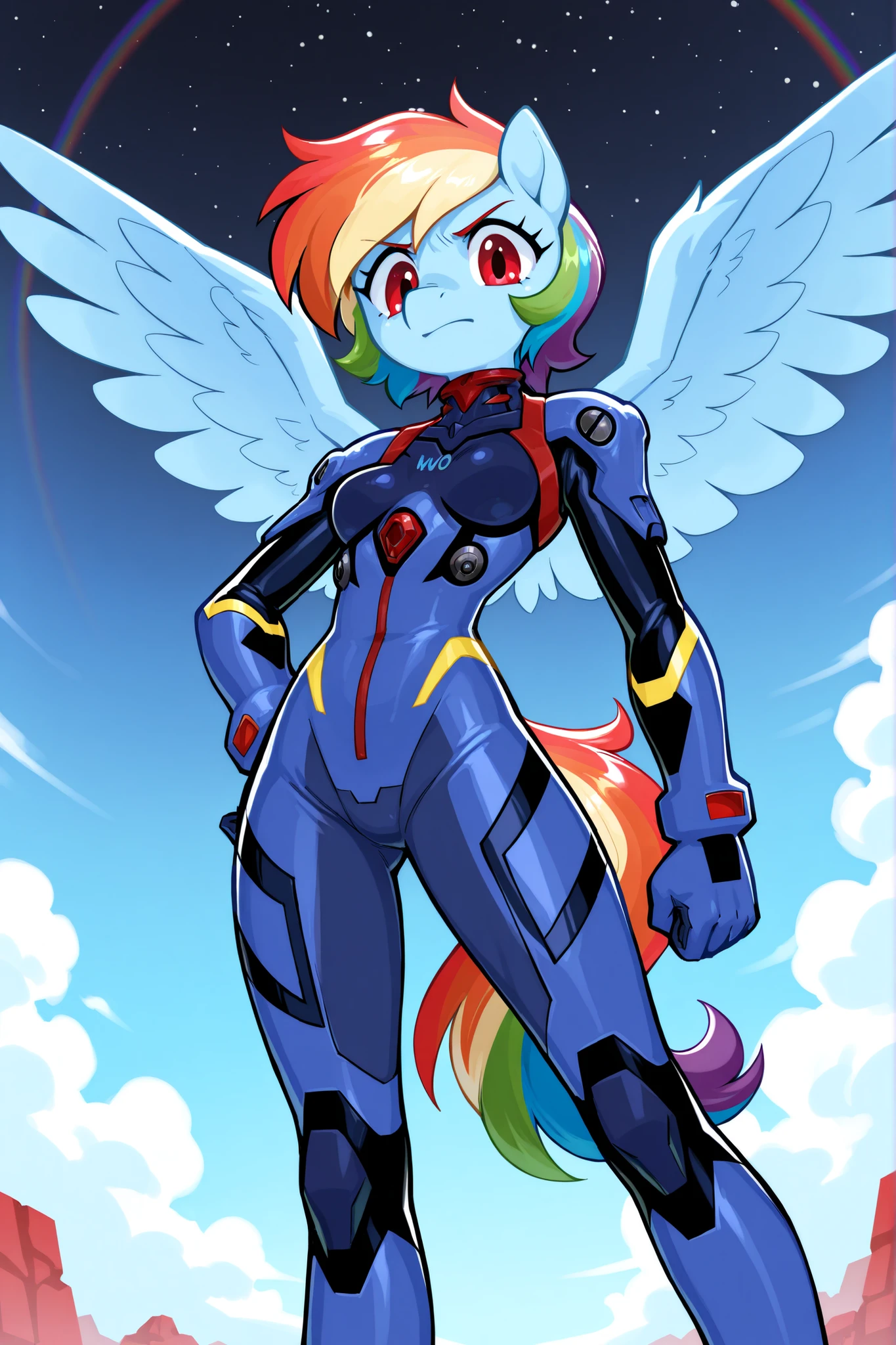 Pony Raimbow dash, An anthropomorphic Pegasus with blue skin, short rainbow hair and red eyes from My Little, who wears a battle suit like that of King Ayanami in blue by Evangelion. In the sky flying