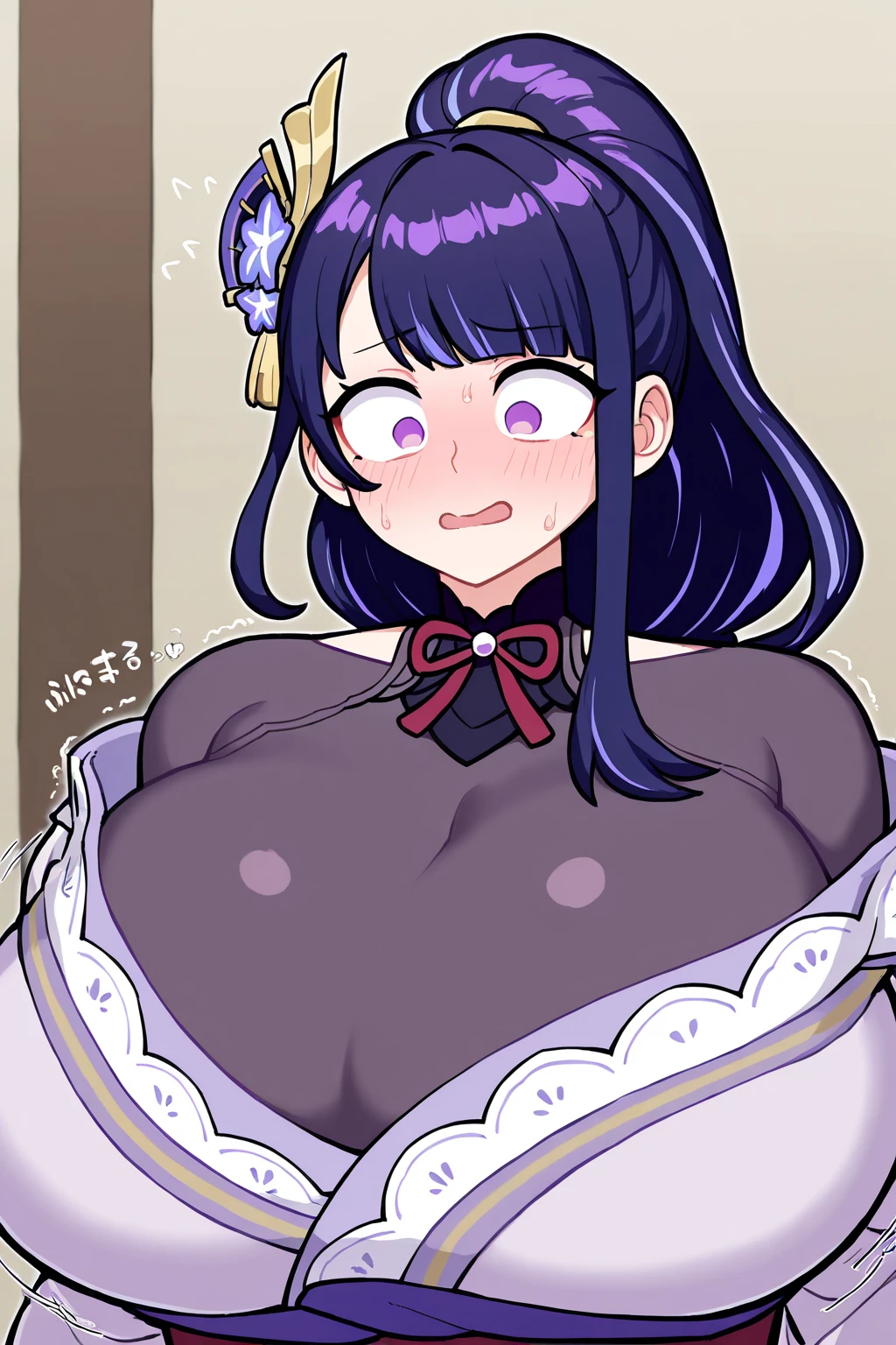 raiden shogun, 1girl, sex maid,long hair, breasts, blush, smile, open mouth, bangs, large breasts, black hair, 1boy, purple eyes, closed eyes, purple hair, braid, hetero, thighs, water, mole, wet, mole under eye, doggystyle, braided ponytail, age difference, hanging breasts, shota,bed,hotel, onee-shota,standing sex,learning forward,