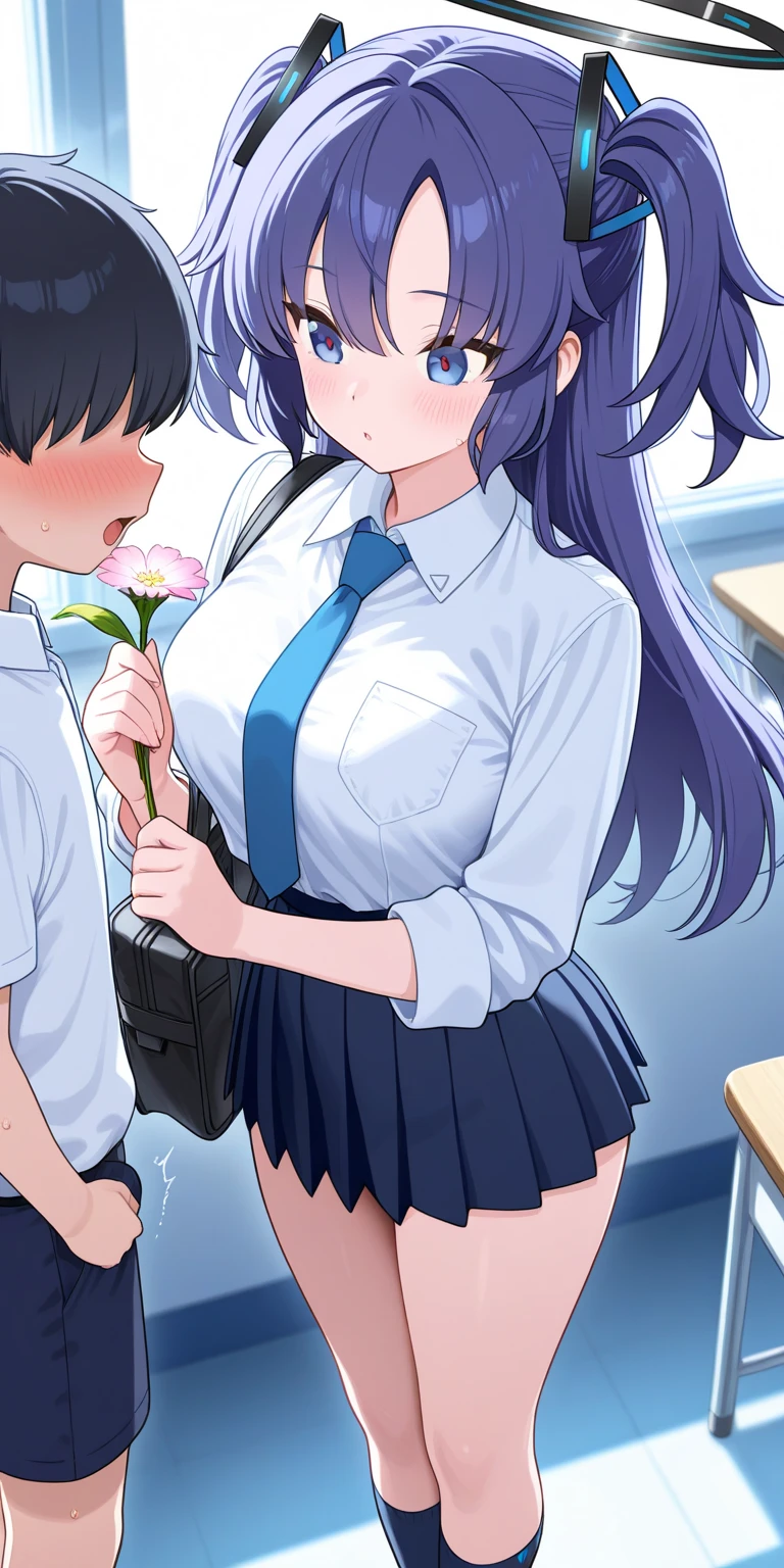 raiden shogun, 1girl, long hair, breasts, blush, open mouth, bangs, large breasts, shirt, 1boy, closed eyes, white shirt, purple hair, braid, hetero, thighs, solo focus, tongue, pants, indoors, tongue out, black pants, facial, desk, doggystyle, braided ponytail, top-down bottom-up, classroom