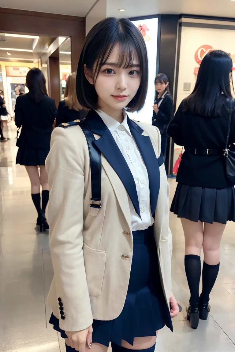 ((highest quality、(NSFW、((camel toe))、highest quality、masterpiece、Super high resolution、8K、highest quality、Drawn details)、(Full body photograph taken from the front、stand)、(tilt one's head)、Photographed from a side angle、Slender 17 year old female high school student、Very slender and beautiful proportions、Take off your navy blue blazer uniform、dark blue mini skirt、Take off your white shirt、ribbon tie、Beautiful girl with black hair、black short hair、Secure your hair with white hairpins、Show ears、、Scenery behind the school building、Wind behind the school gymnasium