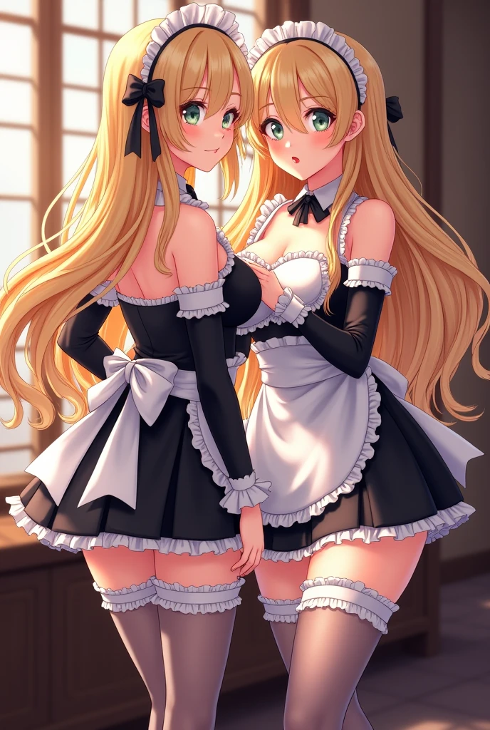 ((highest quality、High resolution))、(((2girls))), Portrait、Beautiful girl、Perfect body、beautiful ample breasts、Long blonde、Maid、Embarrassed、(((Lift up your skirt and show your pussy))、Love juice