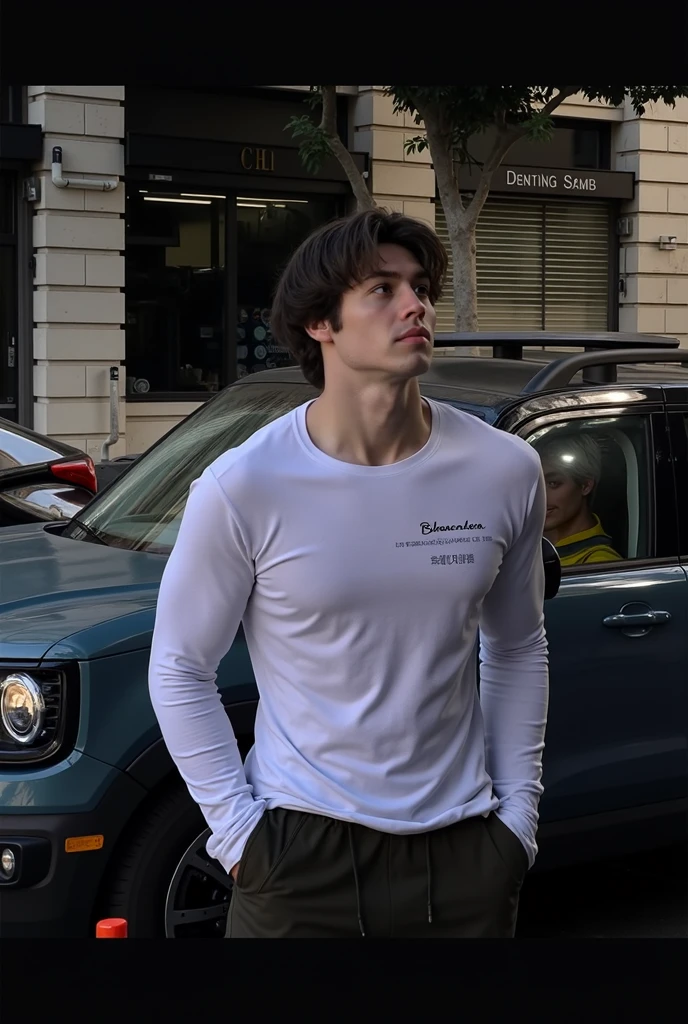 photorealistic, elegant young 20 year old christian gray inspired white guy with dark brown very short very curly hair, and a short beard in a white t-shirt, black jeans, full body picture, face looking into camera, very curly very short hair with very short beard, 20 years old, white calvin klein shirt and black jeans, curly short hair, looking into camera, standing in the street, on the phone, muscular, short hair, very short hair, whole body picture, short curly hair, short beard, hyperrealistic, anakin inspired