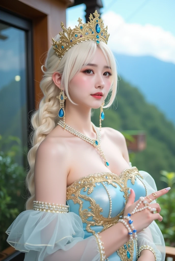 (intense chest expression),top-quality、masterpiece、超A high resolution、(Gold Dragon Armor)、(((Colossal tits)))、(((large floral ornament on the head))),(((Detailed Micro Bikini))),(Wearing a beautiful crown made of jewels),(Photorealsitic:1.4)、Raw photo、1人、(((Random hair))、(((Take different poses)))、glowy skin、(((White Chinese Dragon)))、Intricate and ornate hair ornaments、(Looks like a gorgeous jewelry necklace)、(Full Body Angle)、(fight big dragonet bikini)、((beautiful lake background)),(beautiful forest background)、Precipitous cliffs、(Castle background)、((super realistic details))、portlate、globalillumination、(sexypose)、Shadow、octan render、8K、ultrasharp、Colossal tits、Raw skin exposed in the cleavage、metals、Details of complex ornaments、Japan details、highly intricate detail、Blue eyes、Eyes shining towards the camera、Toostock、(Full Body Angle)、(veils)、(((Heavy Big))),((she is wearing a beautiful jeweled bangle.)),